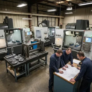 CNC manufacturing floor with precision metal assemblies