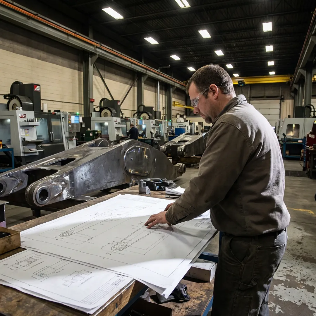 Engineer reviewing fabrication drawings in CNC shop