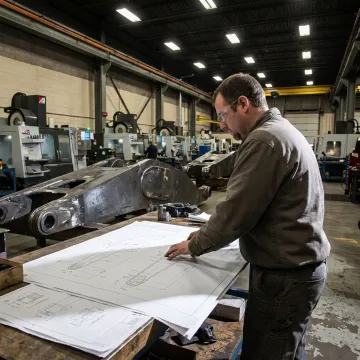 Engineer reviewing fabrication drawings in CNC shop