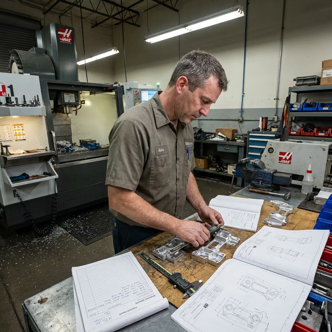 Engineer reviewing CNC machined parts and inspection documents