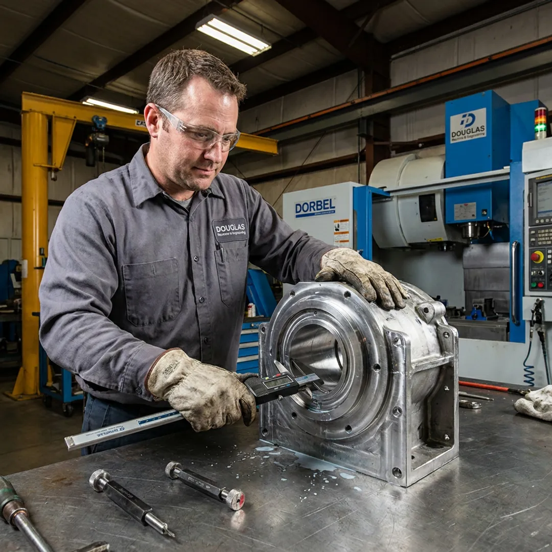 Technician inspecting a precision machined industrial component