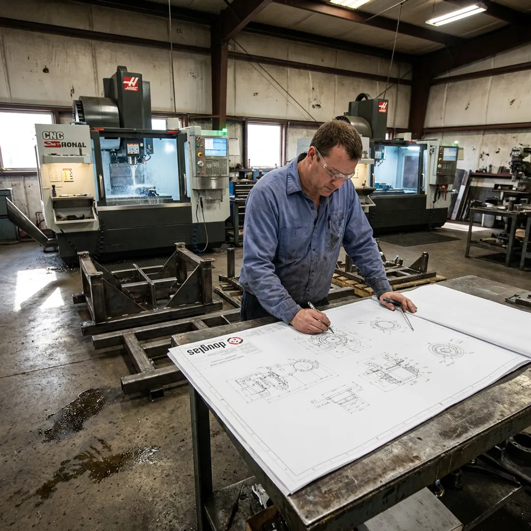 Engineer reviewing fabrication plans in CNC shop