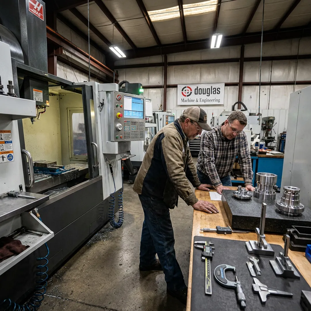Machinist reviewing CNC workflow and inspected parts