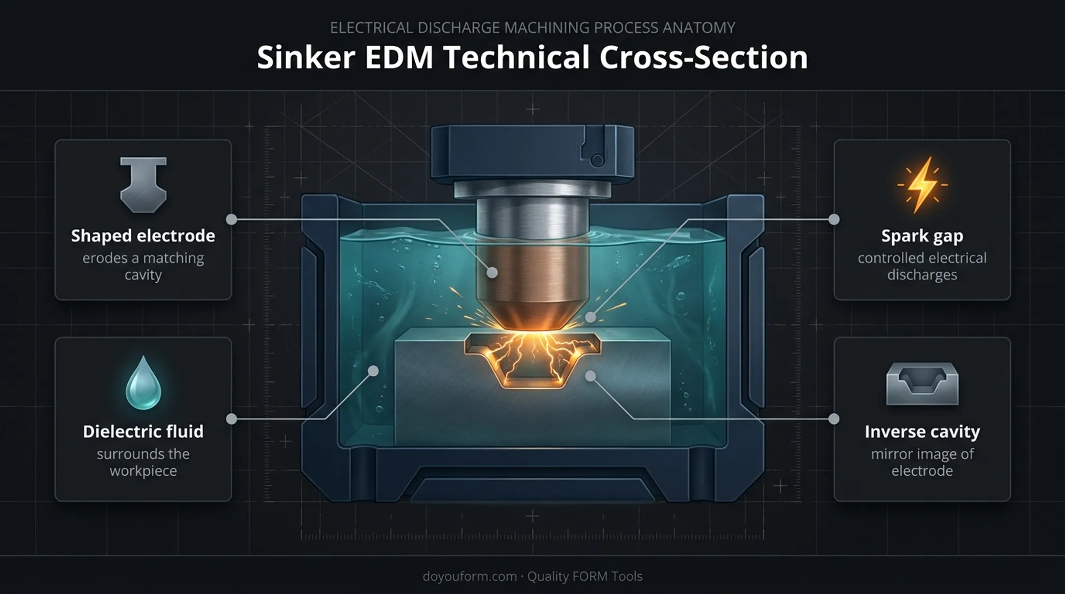 Ram EDM shaped electrode creating an inverse cavity diagram