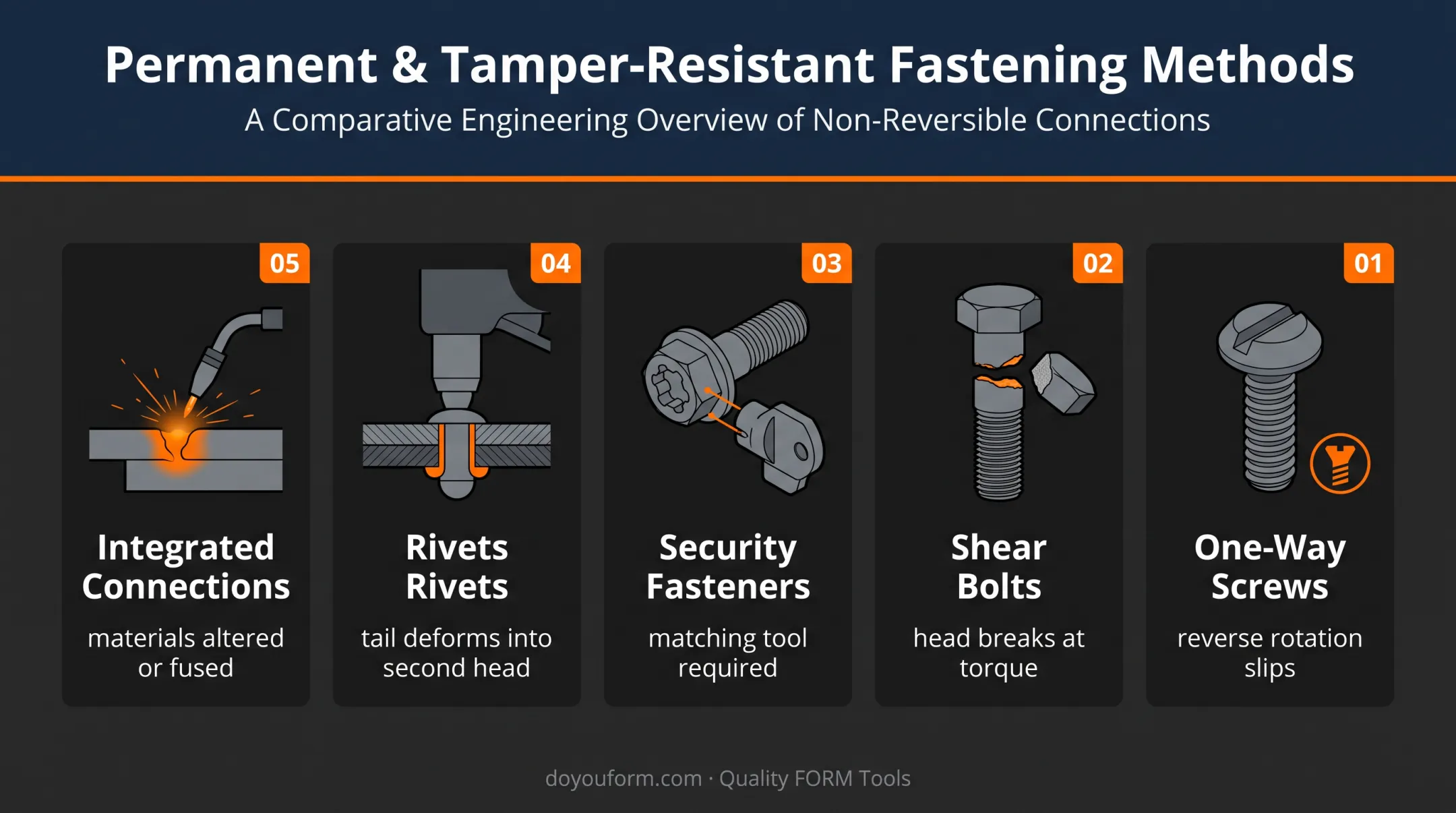 Five permanent fastener types and their locking mechanisms comparison