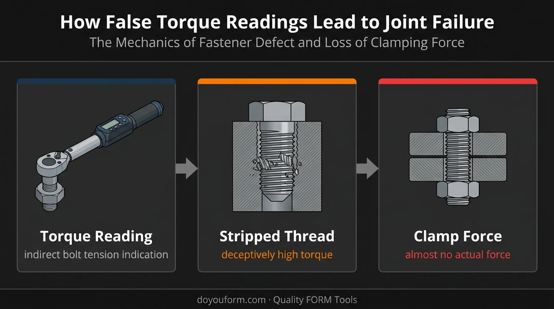 Torque readings versus actual bolt clamp force failure relationship