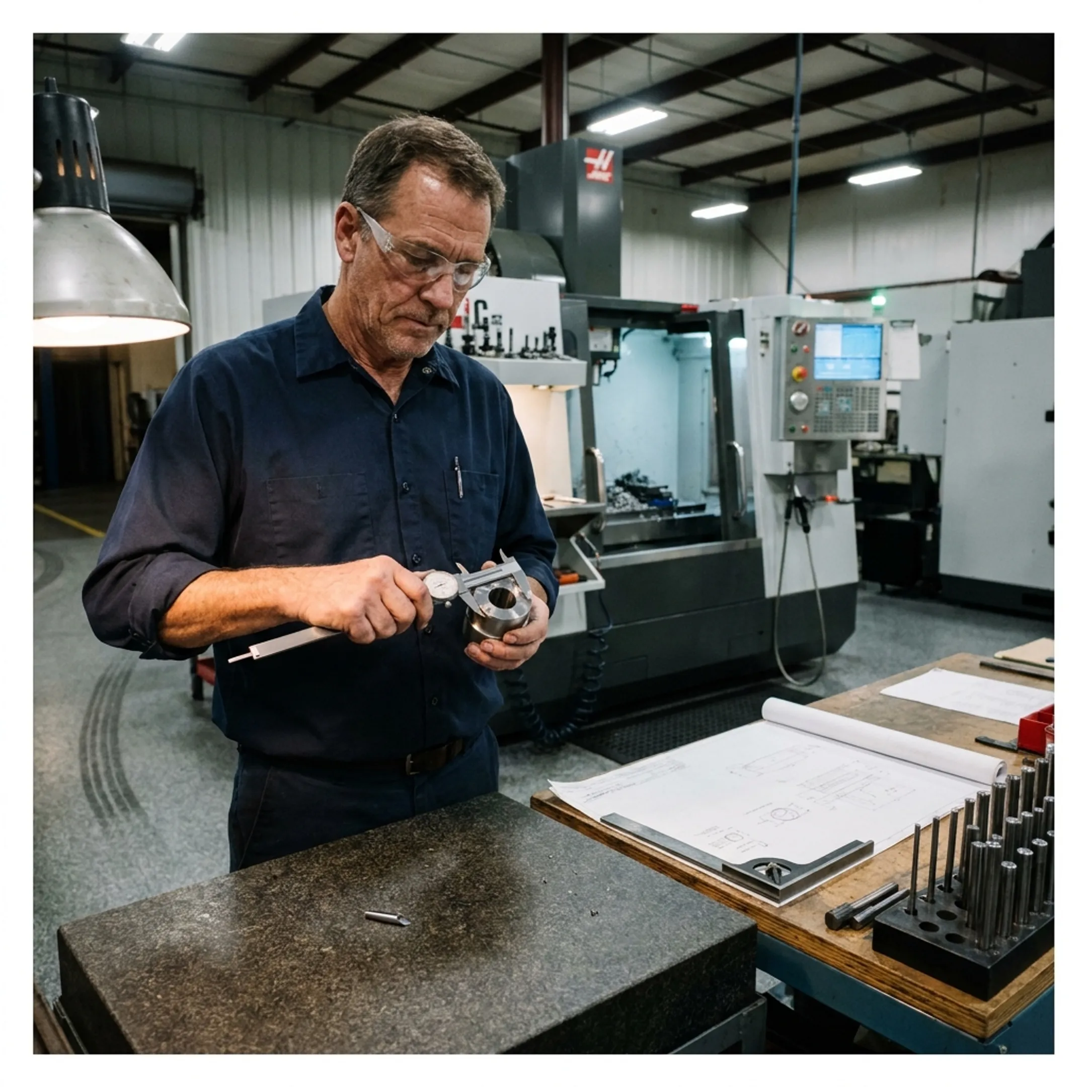 Machinist inspecting a precision machined component