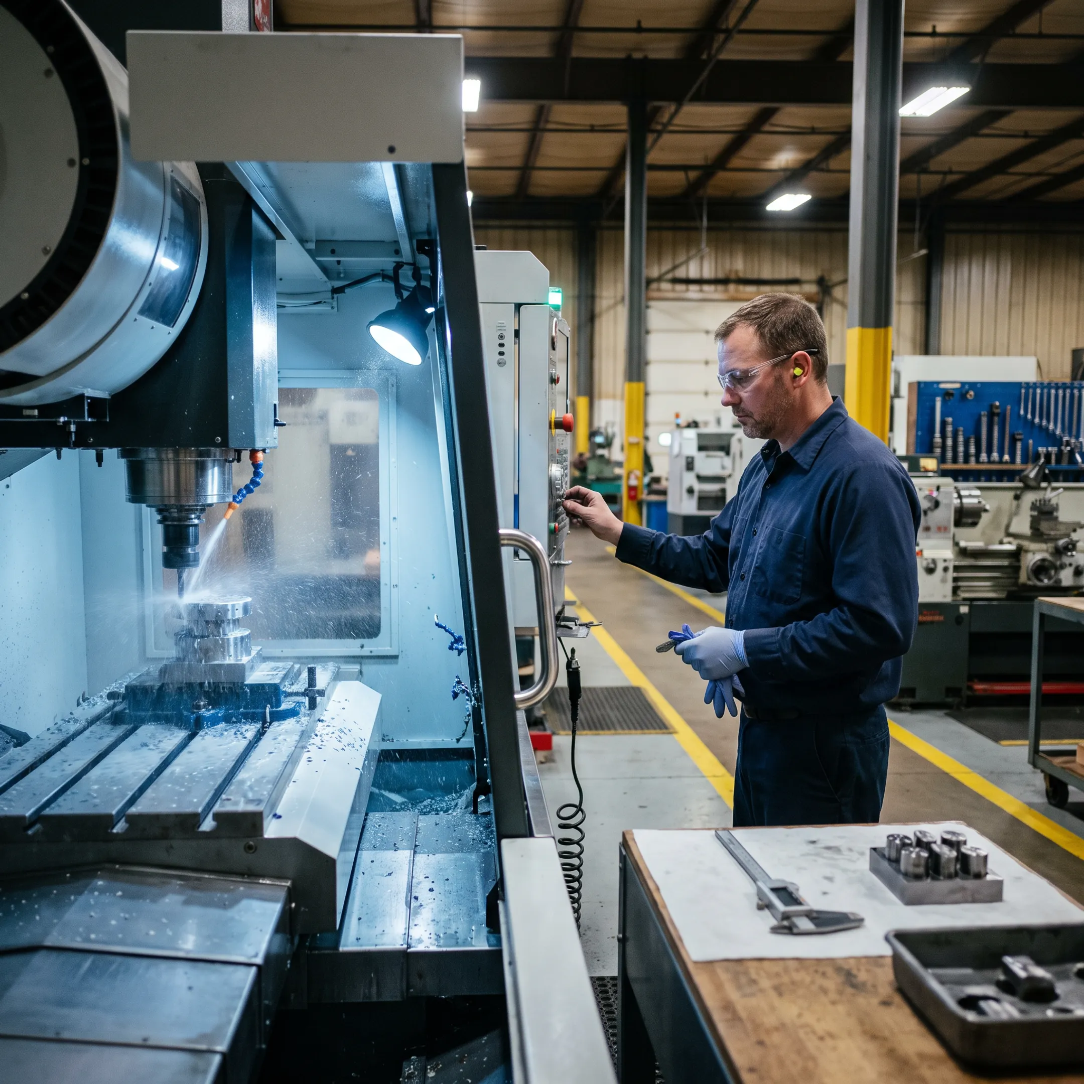CNC machine producing a precision metal component