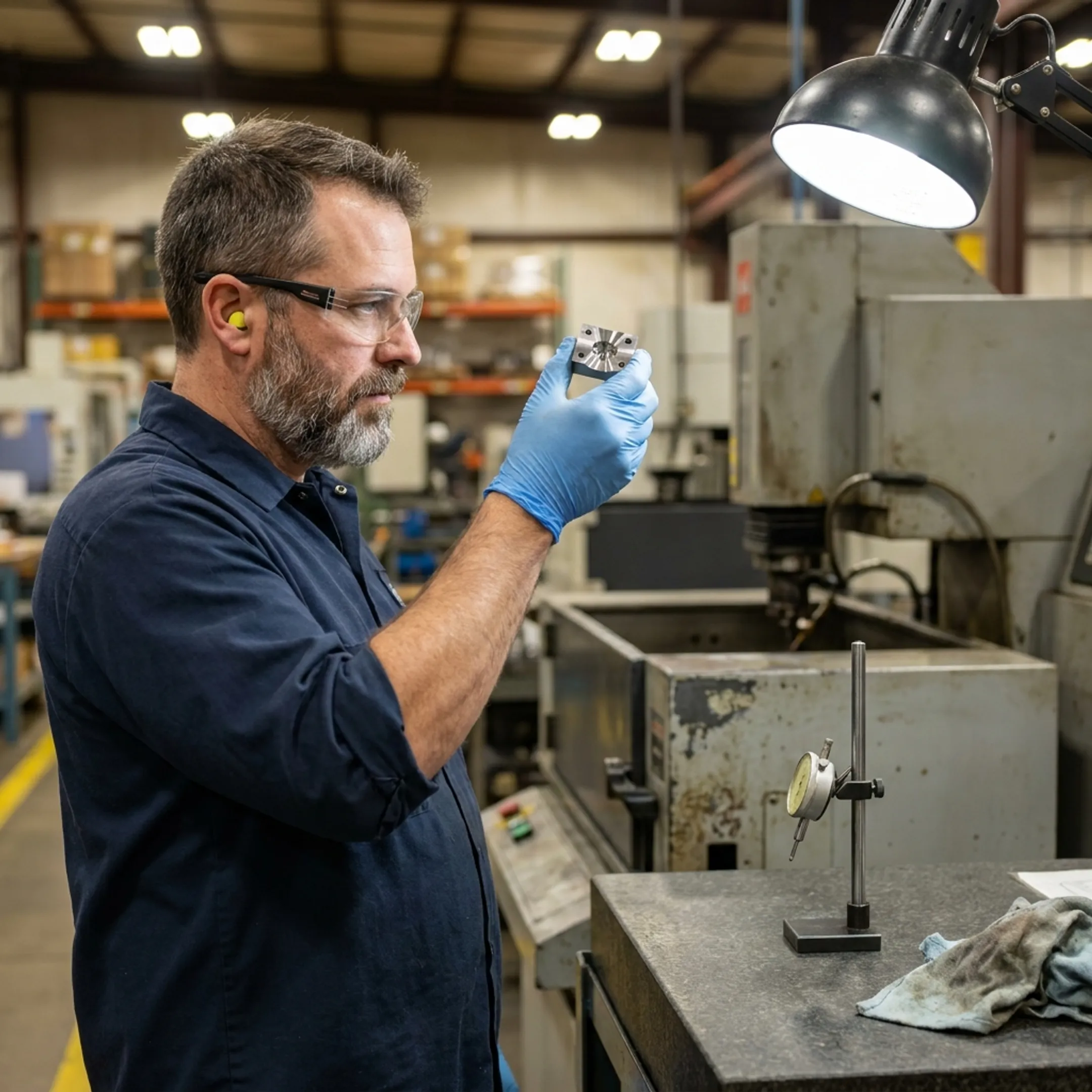 Technician inspecting an EDM-machined tooling component