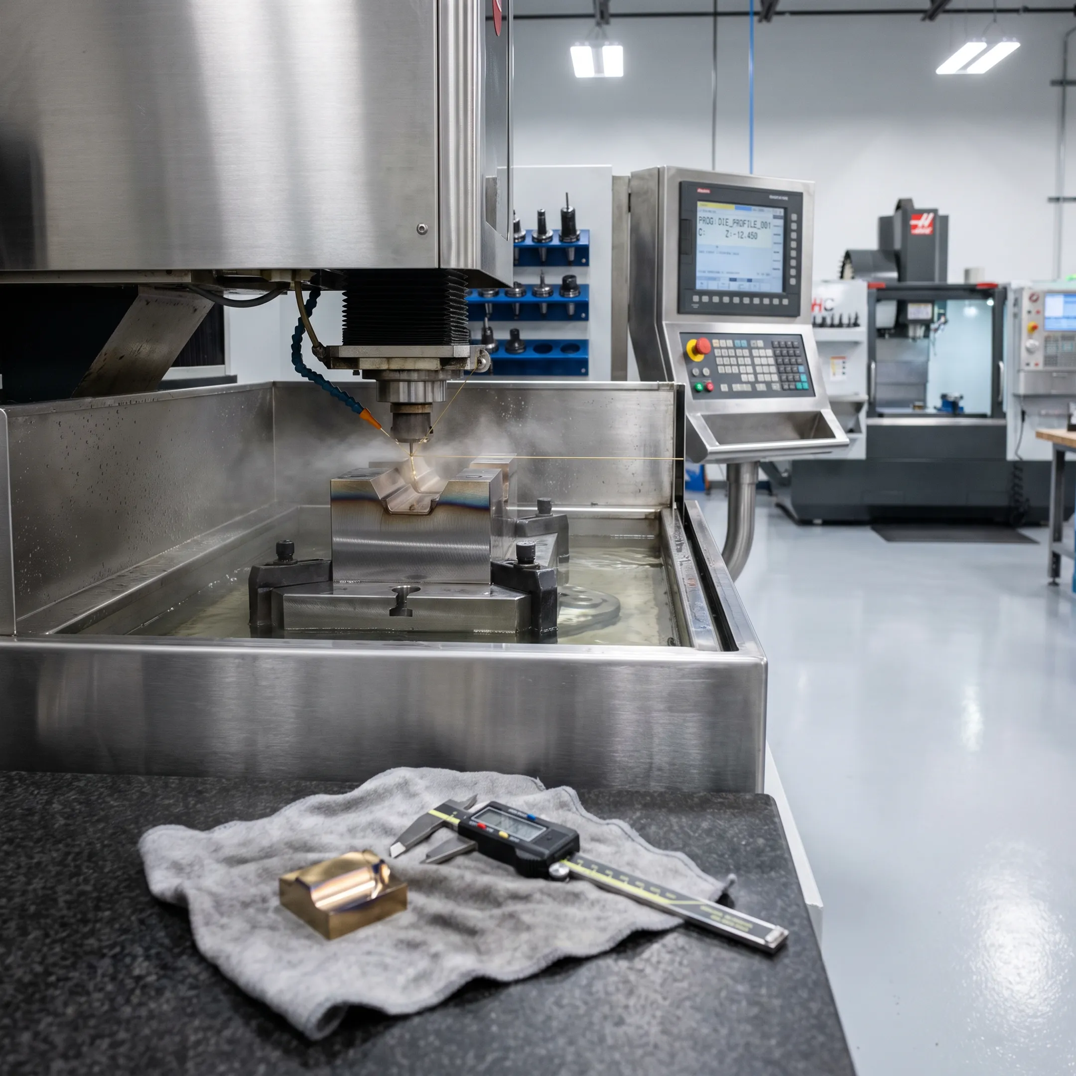 Wire EDM machine cutting a precision metal component
