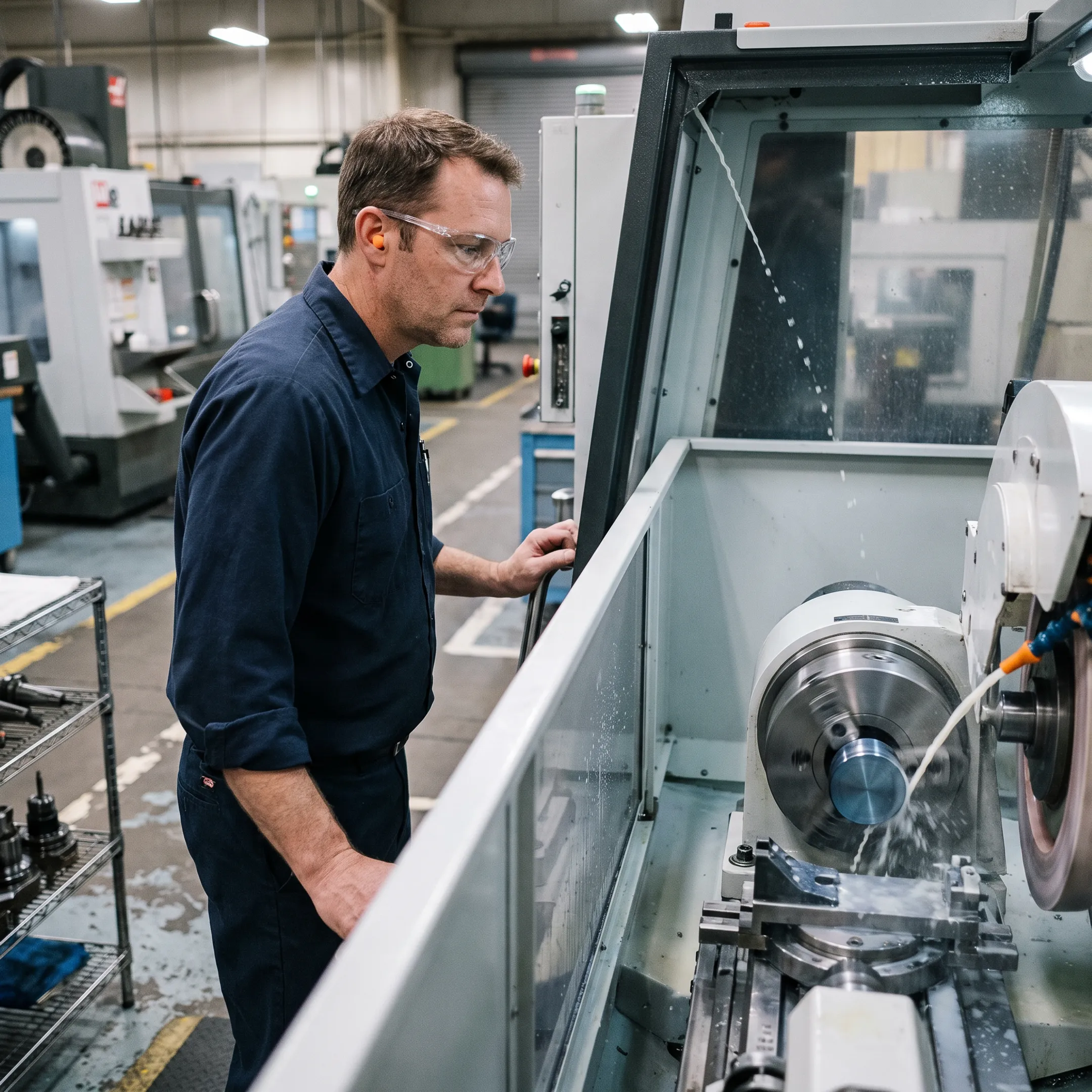 CNC grinding machine producing a precision metal tooling component