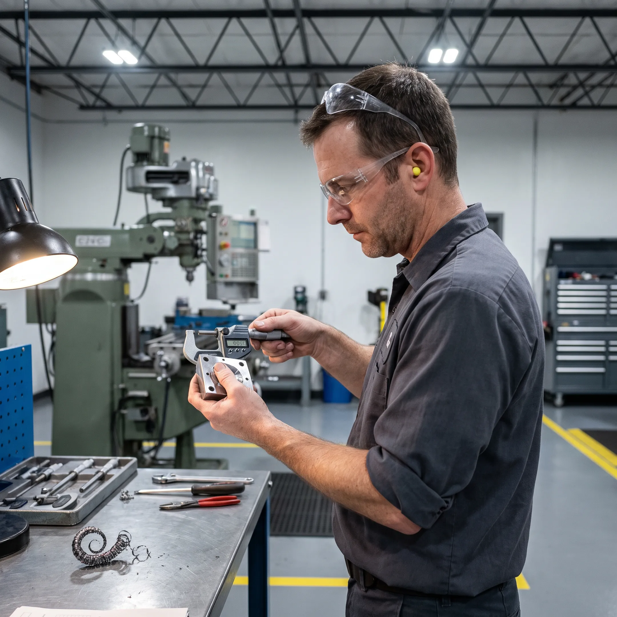 Technician inspecting a precision-ground tooling component