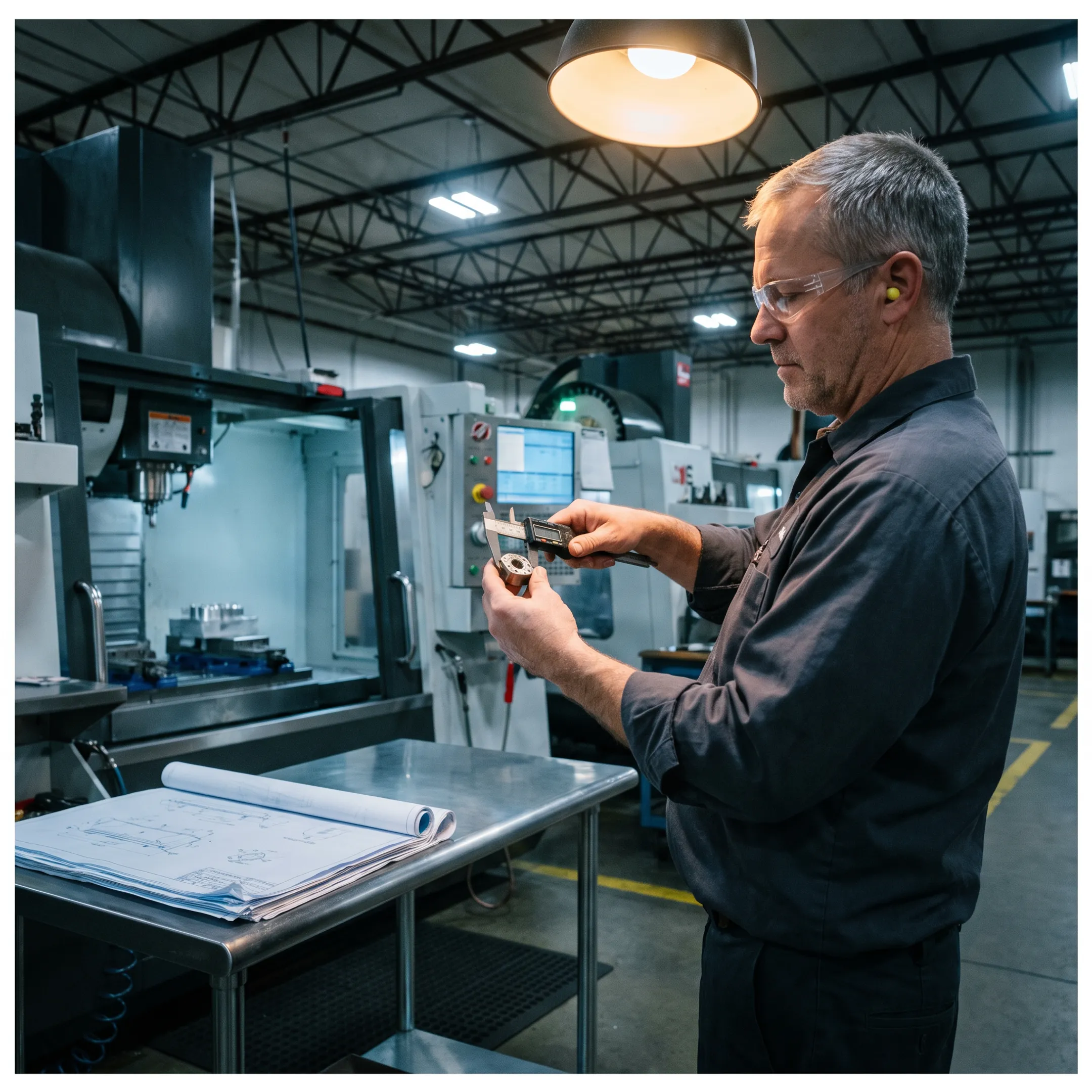 Machinist inspecting a precision metal part beside CNC equipment