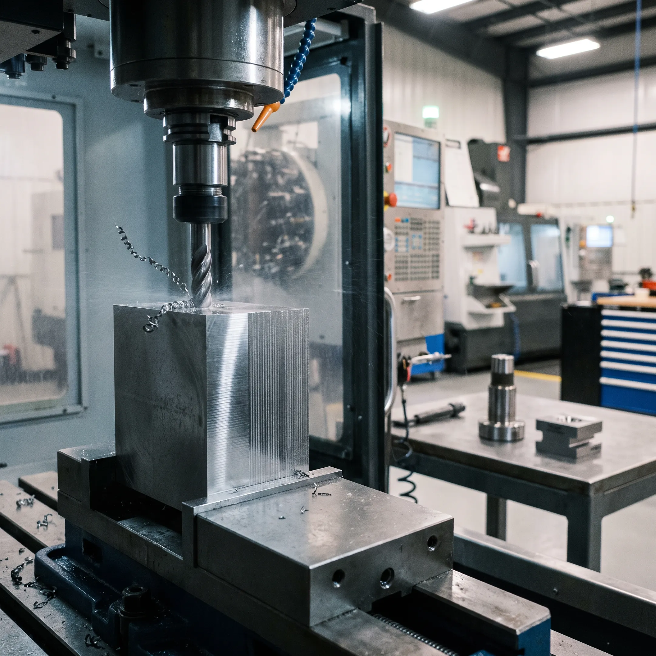 CNC machine cutting a precision metal component in an industrial shop