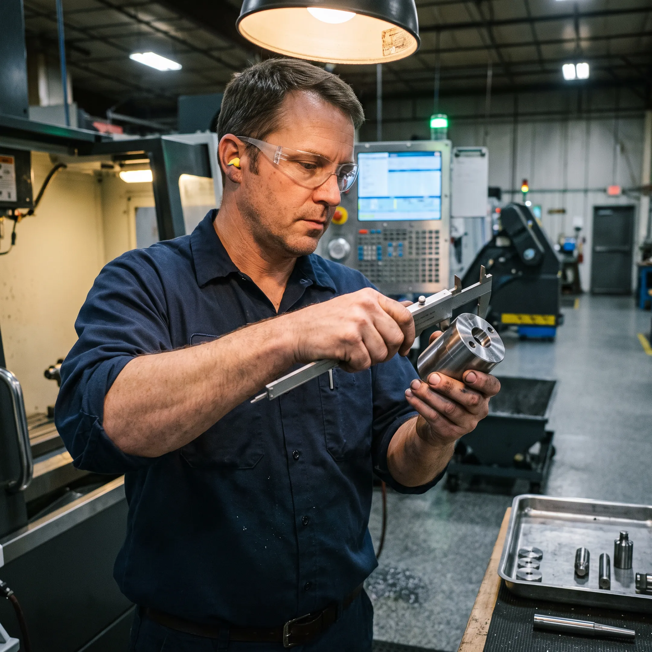 Machinist inspecting a precision CNC machined production component