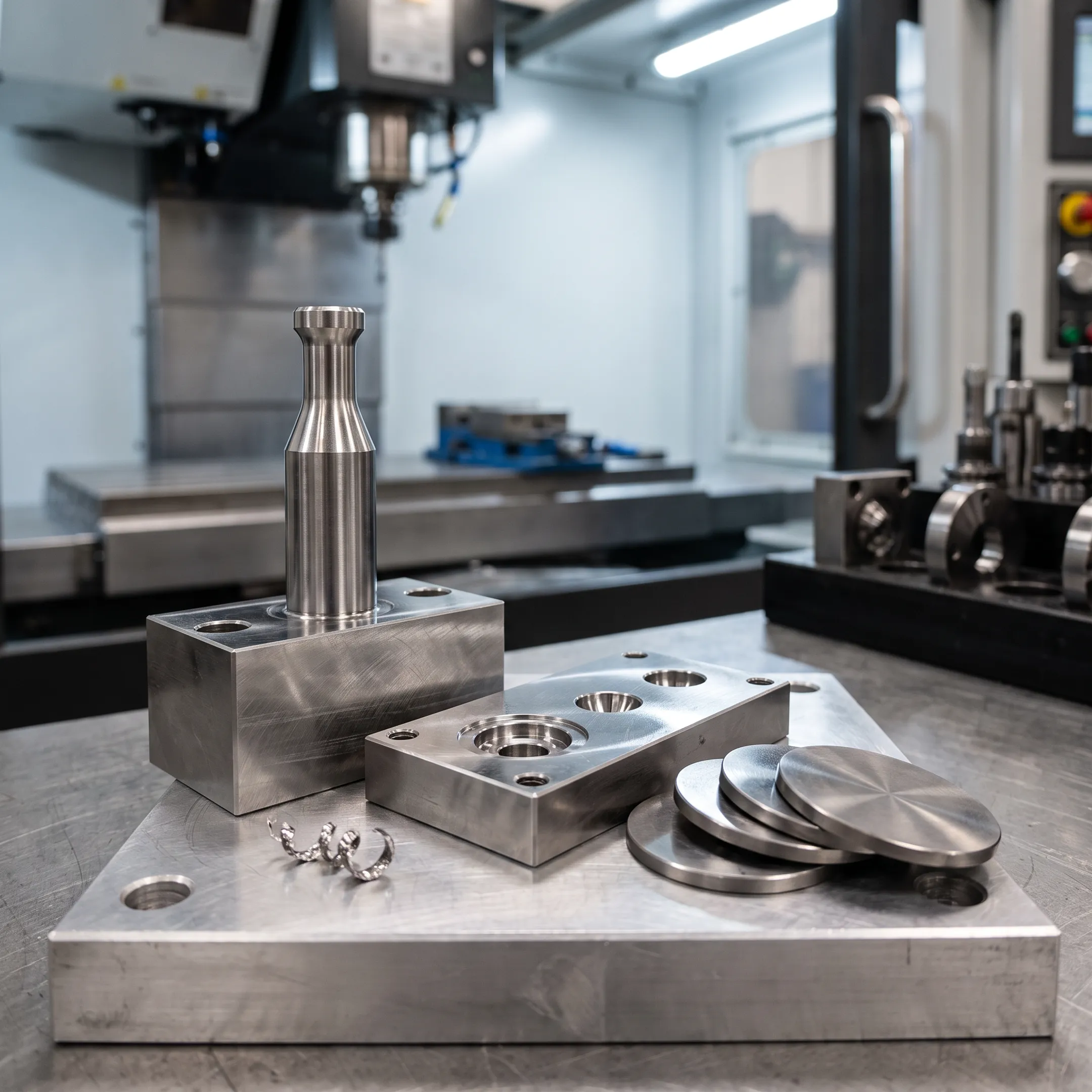 Precision metal stamping die components arranged beside CNC machining equipment