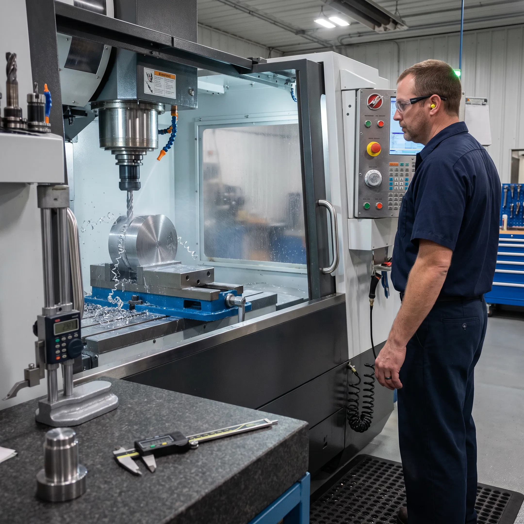 CNC machine producing a precision metal component in a manufacturing shop