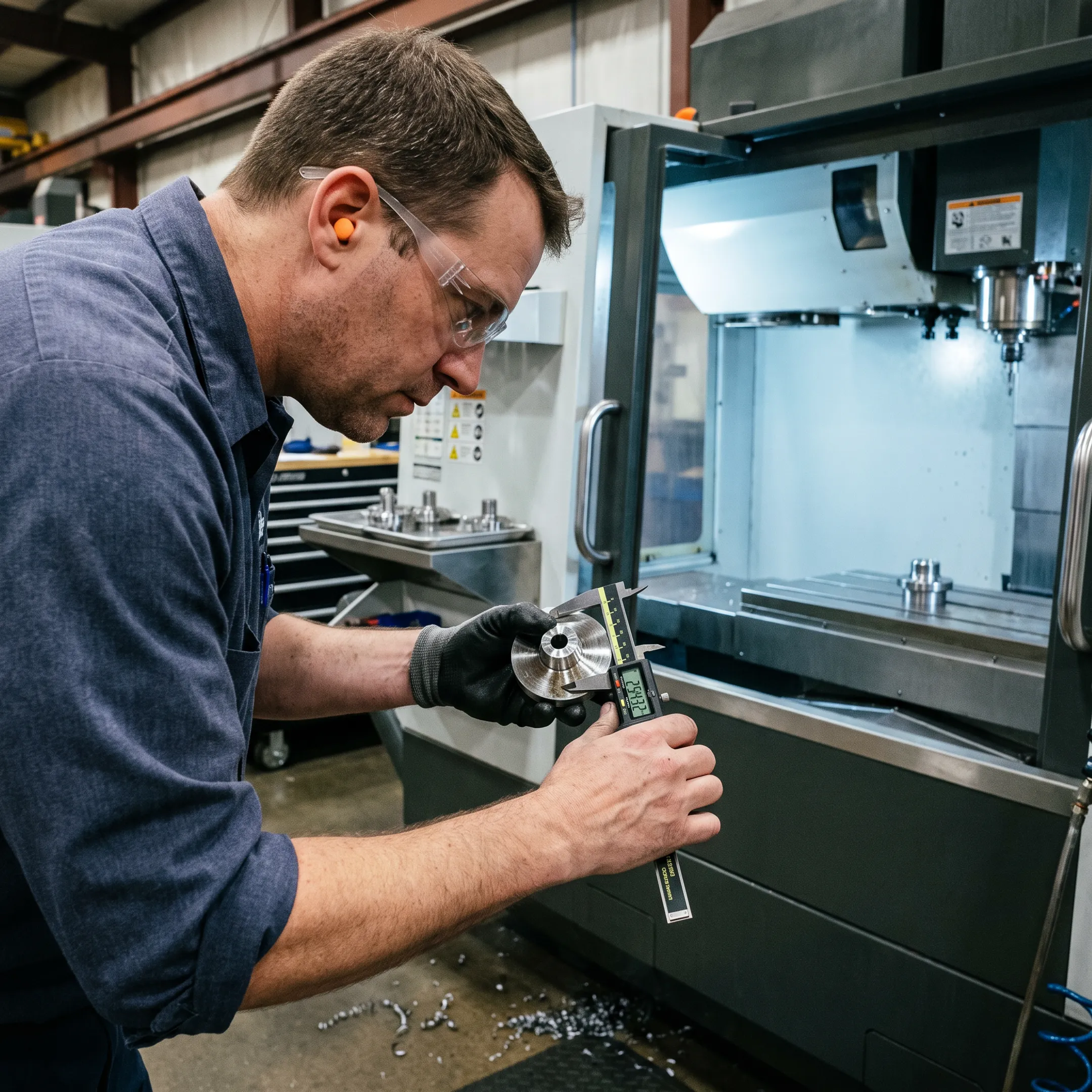 Machinist inspecting a precision CNC machined component