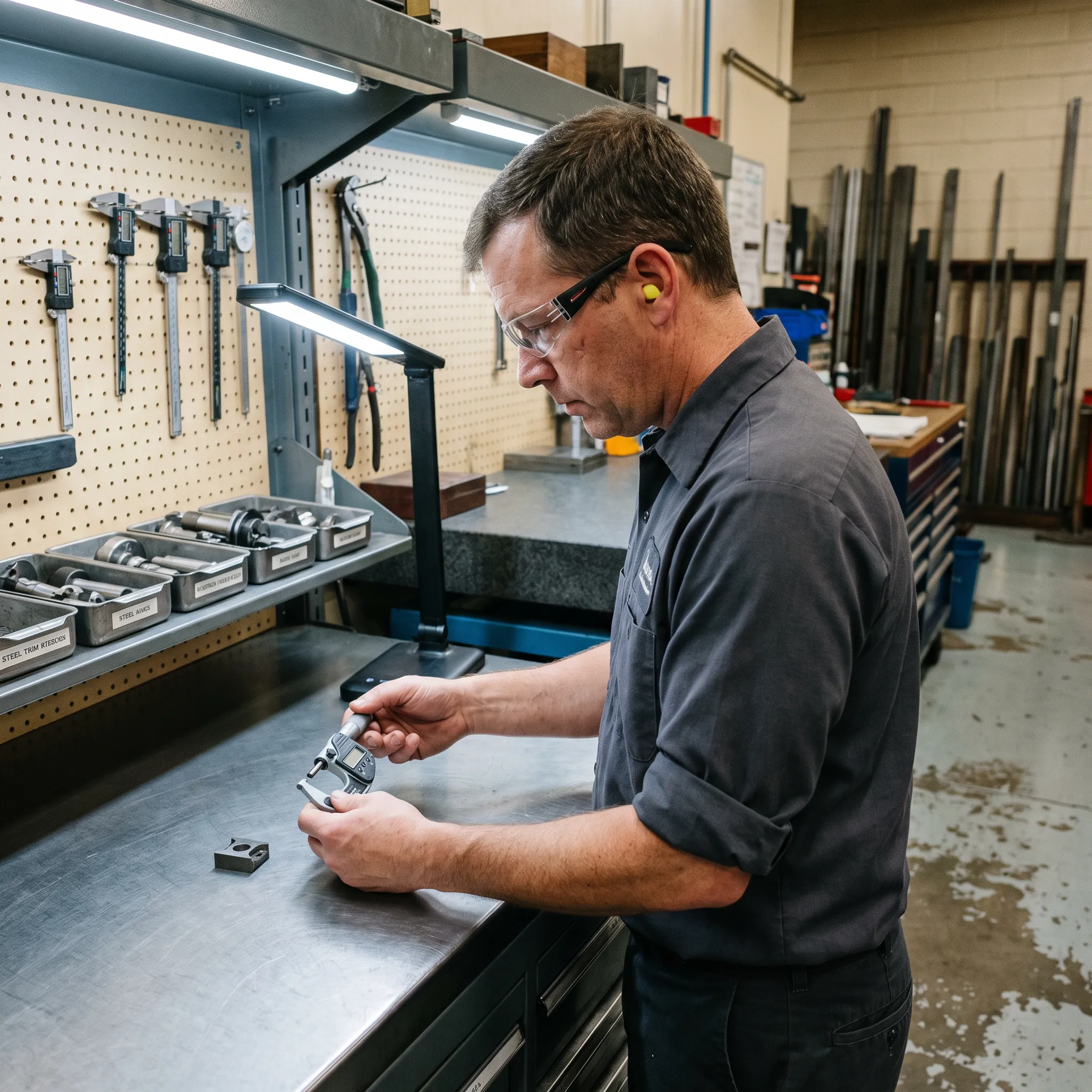 Technician inspecting precision stamped metal parts near tooling