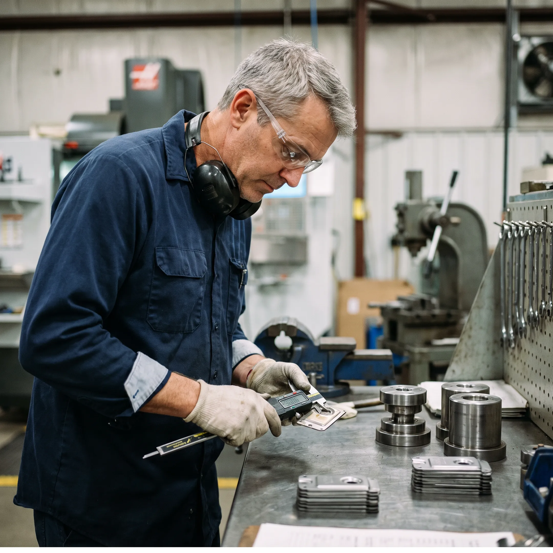Technician inspecting stamped metal components and production tooling