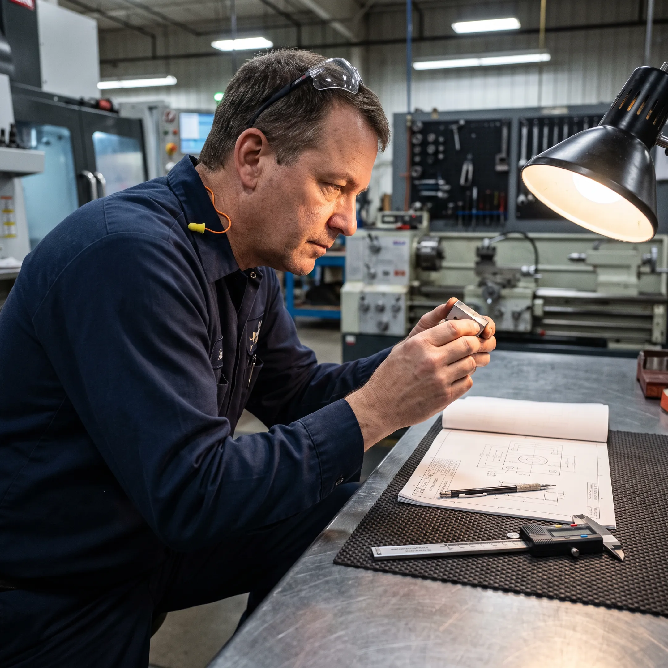 Technician reviewing a precision machined part and engineering drawing