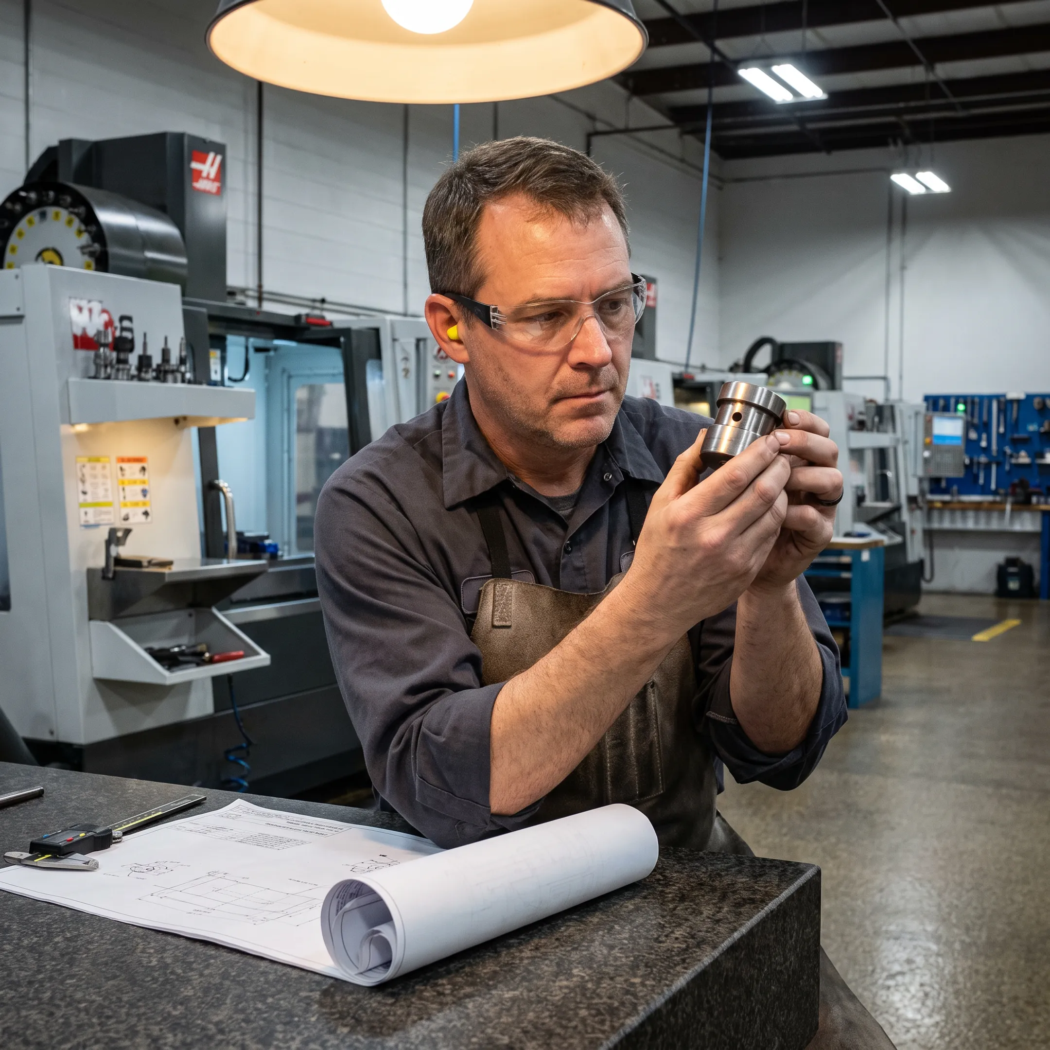 Precision CNC machine producing a detailed metal component in a manufacturing shop