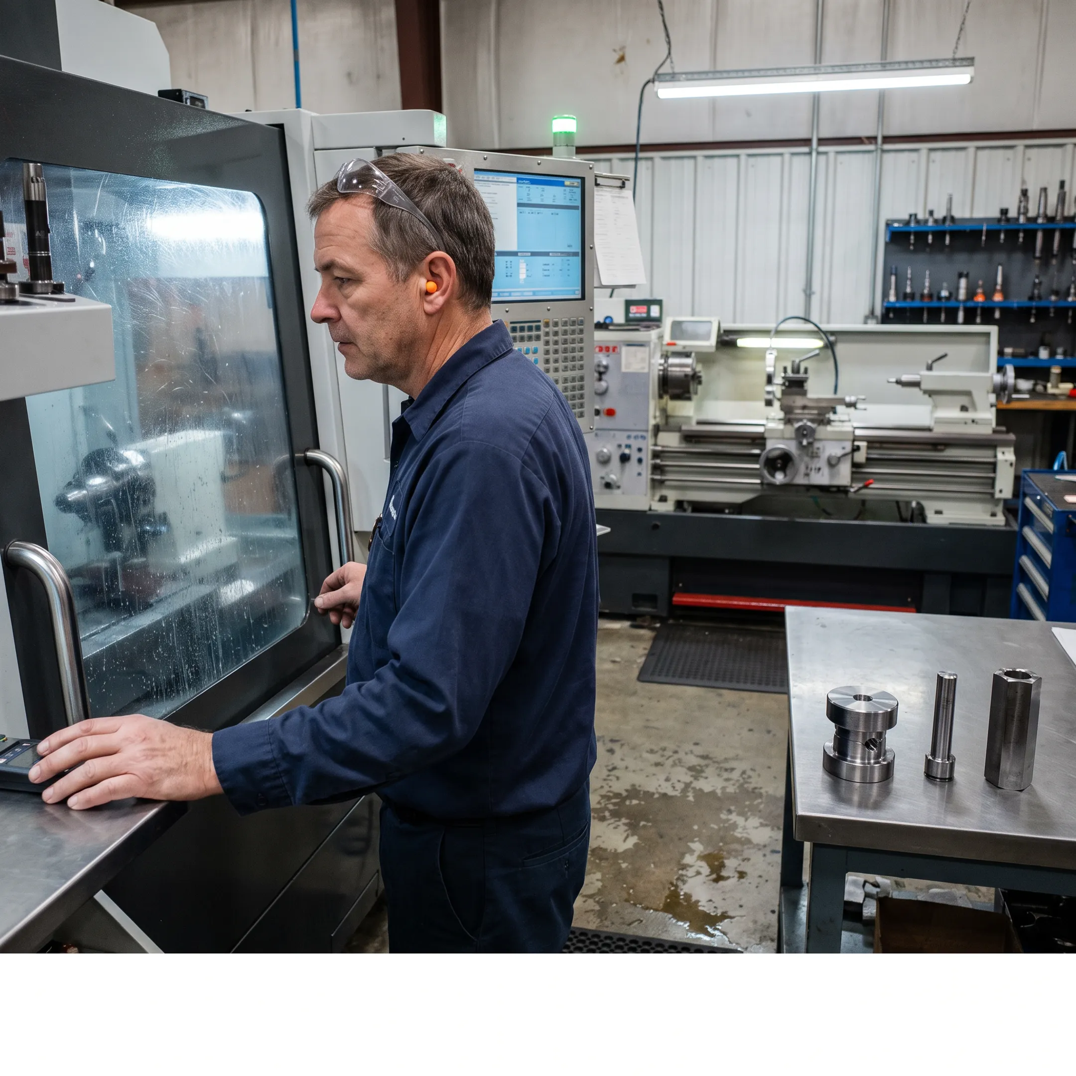 CNC machine cutting a precision metal component in an industrial machine shop
