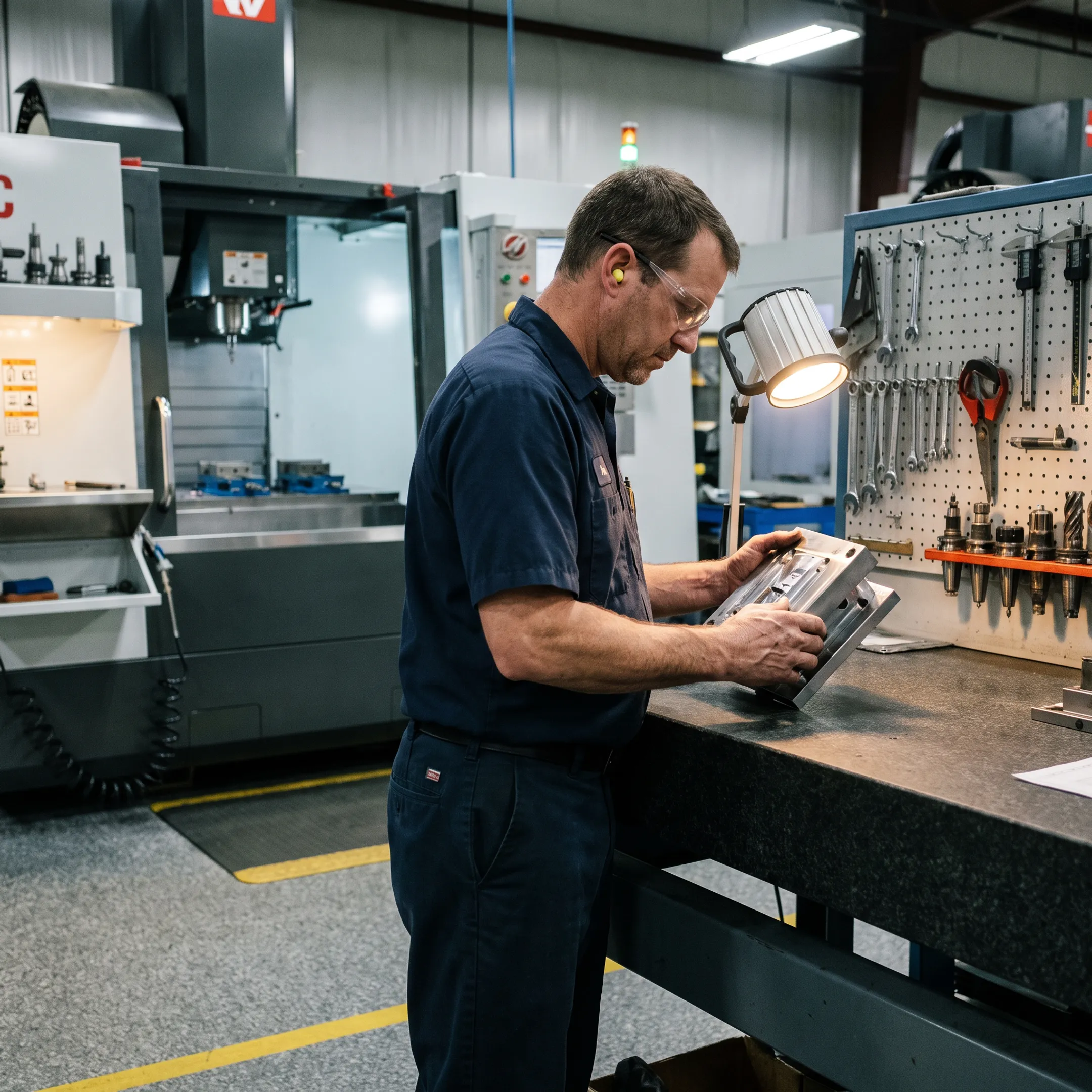Machinist inspecting a precision machined metal part