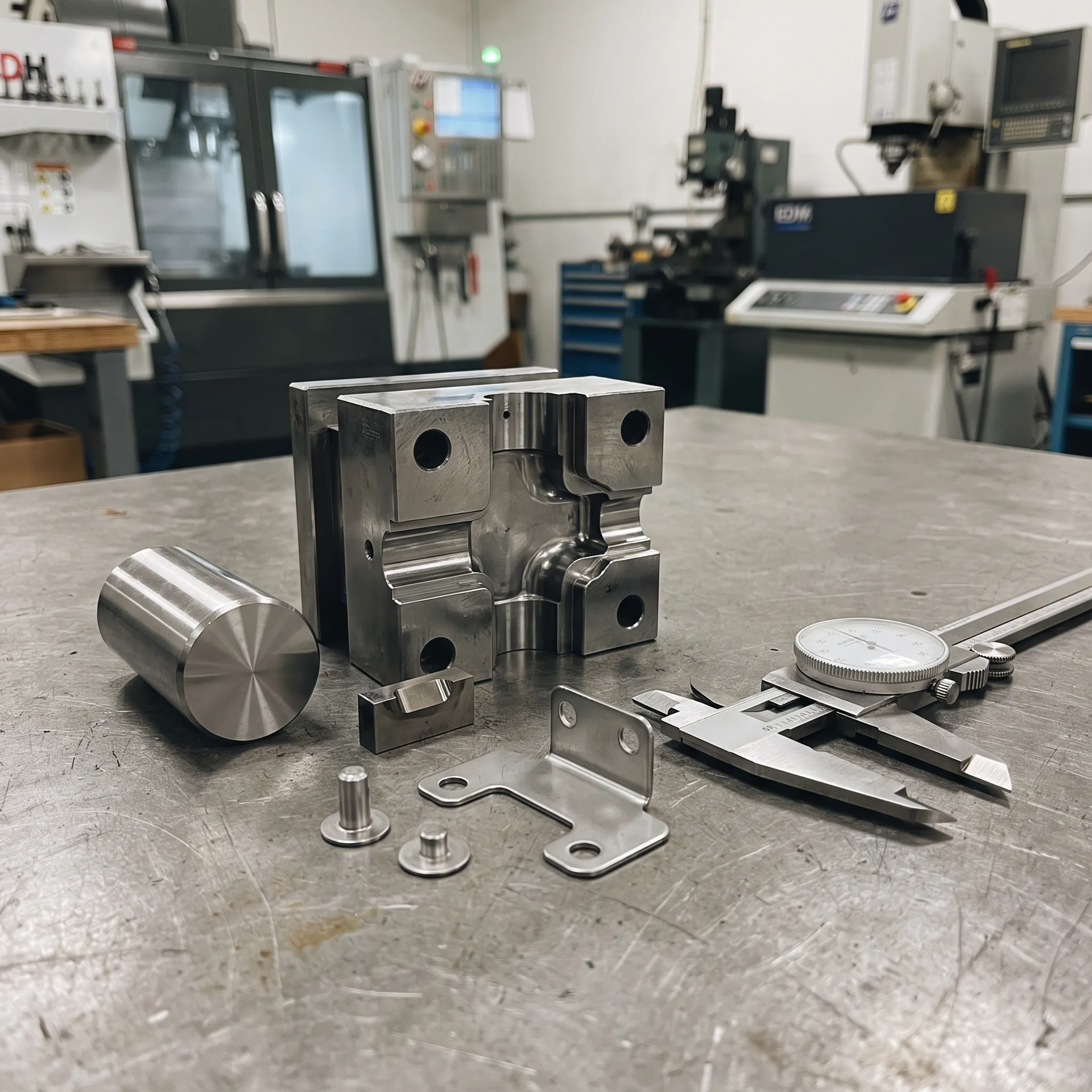 Prototype metal stamping tooling and sample parts on a manufacturing workbench