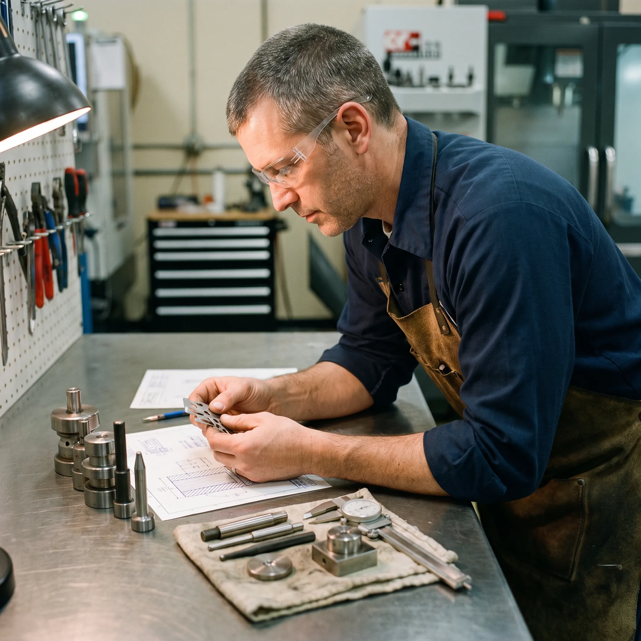 Engineer reviewing prototype stamping parts beside metal forming tooling