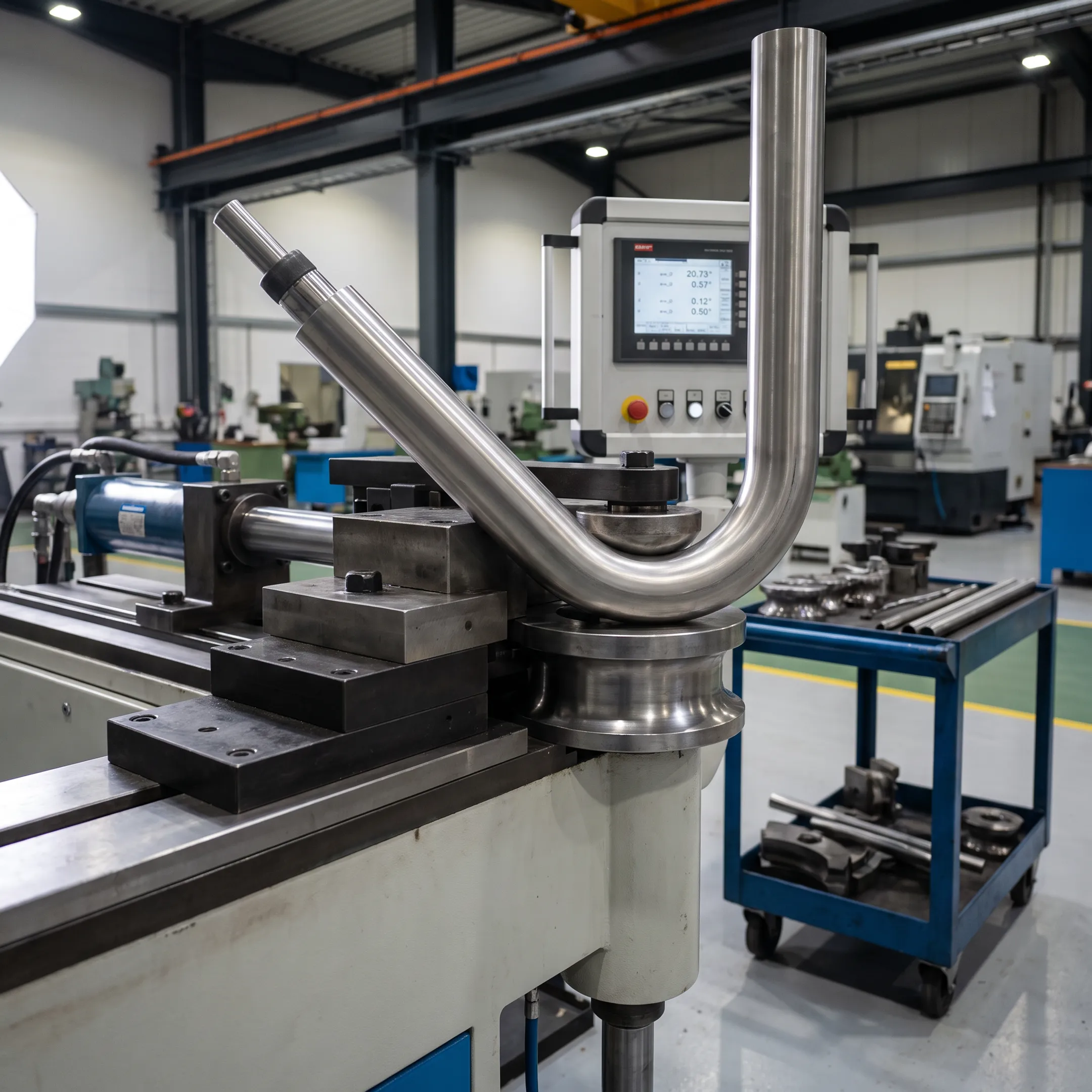 CNC machine forming a metal tube with precision tooling