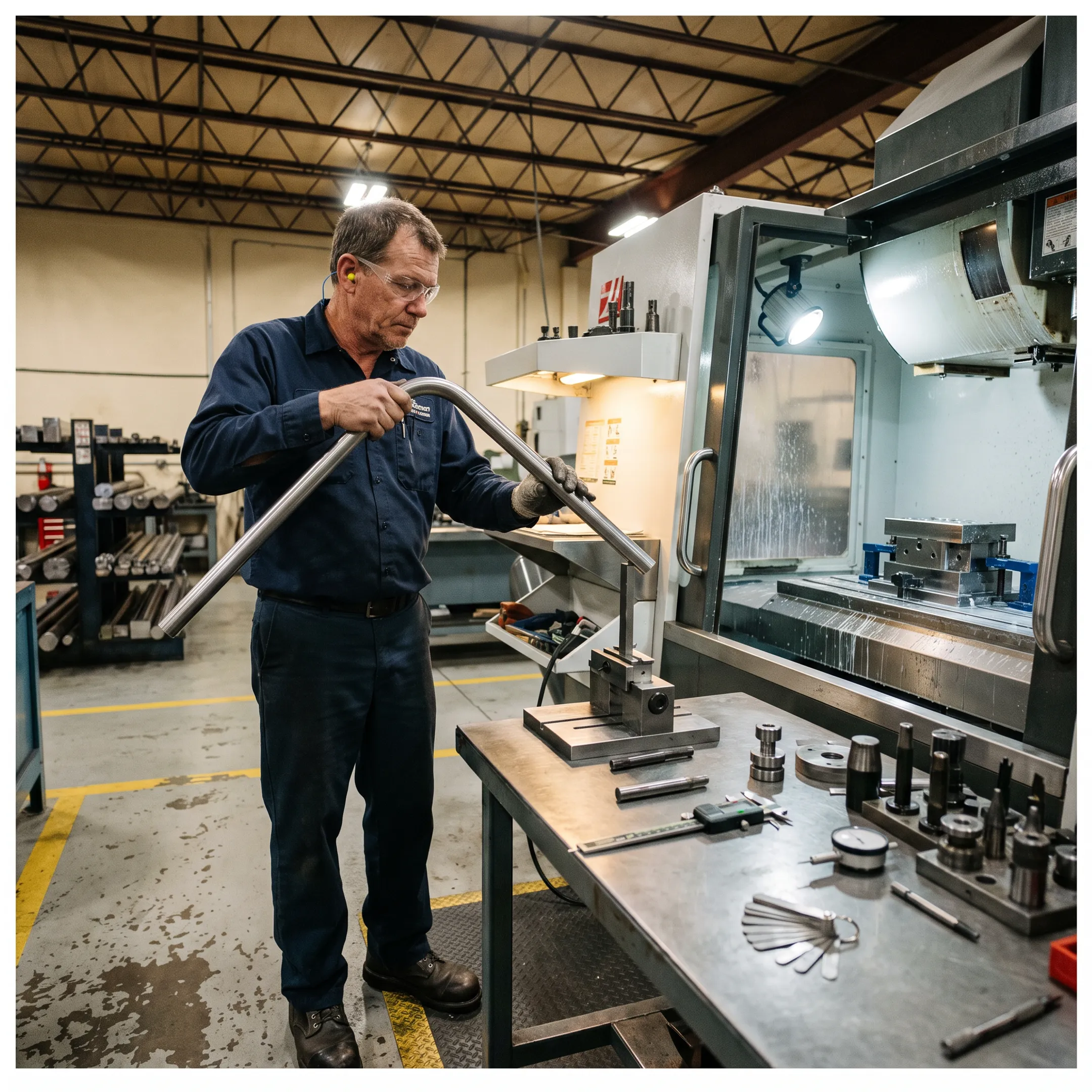Technician reviewing formed metal tubing beside CNC equipment