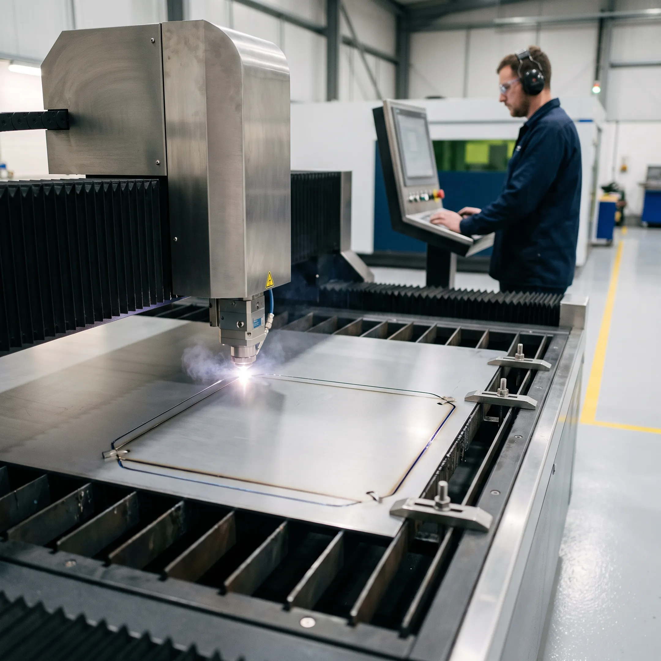 CNC machine cutting a flat sheet metal component in an industrial workshop