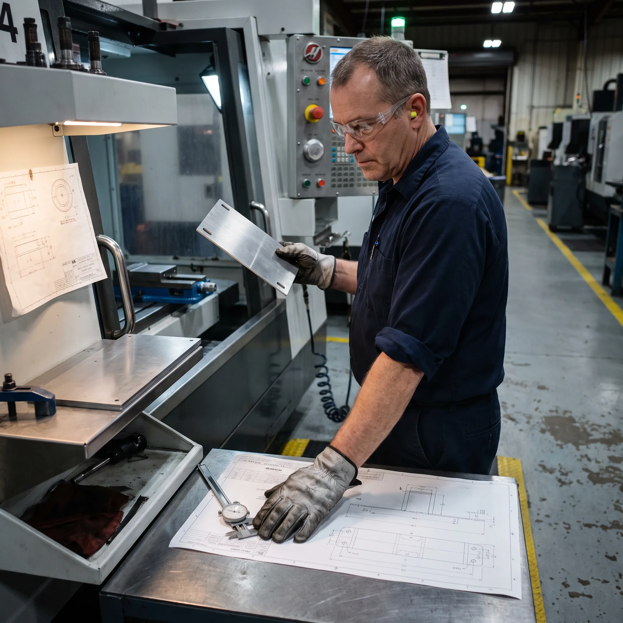 Operator reviewing a CNC-cut sheet metal component beside cutting equipment