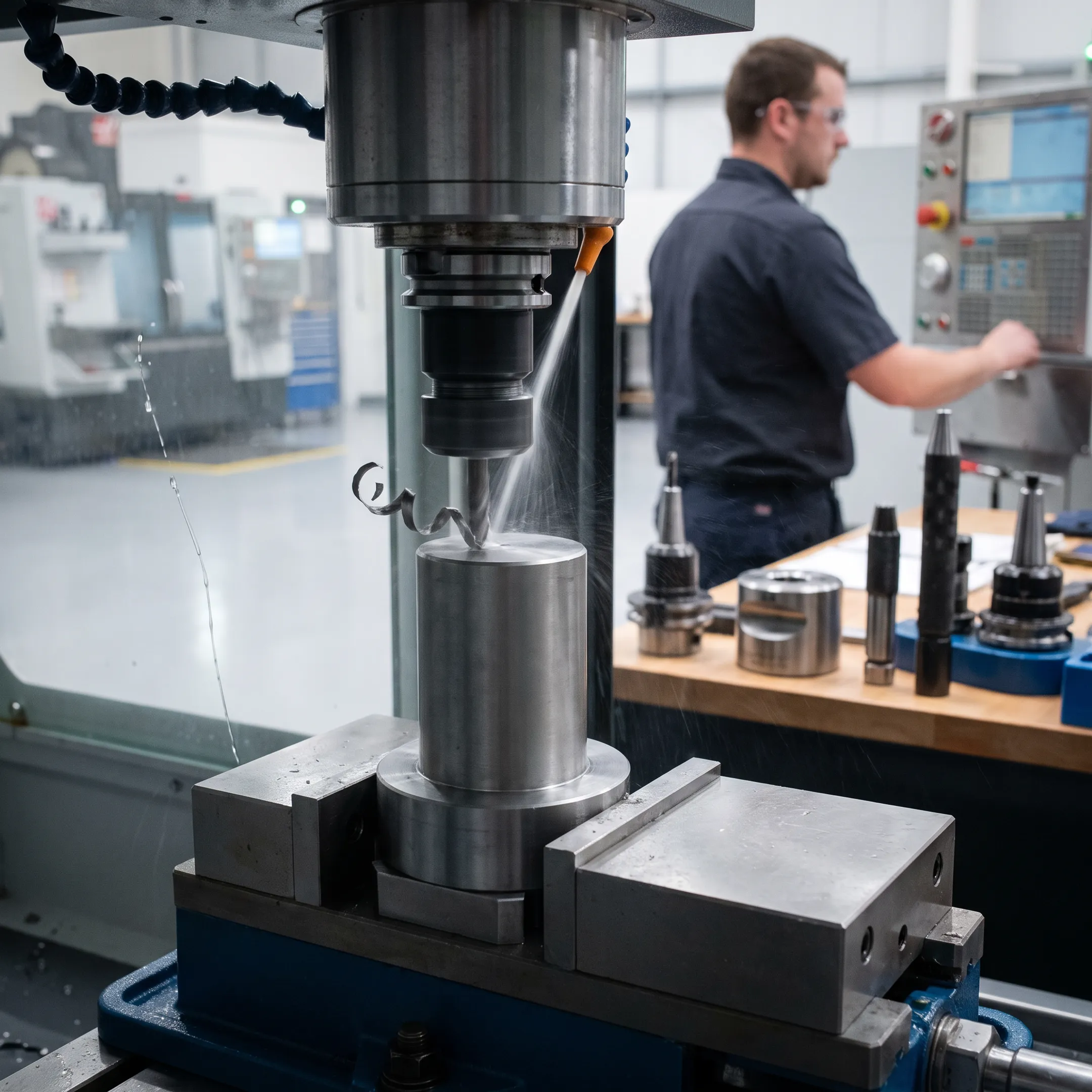CNC machining equipment producing a precision metal component in a manufacturing shop