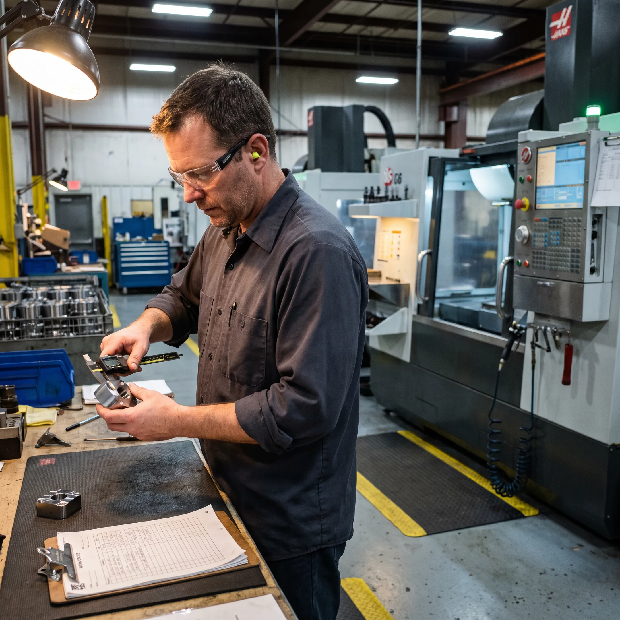 Machinist inspecting a precision machined metal part beside CNC equipment