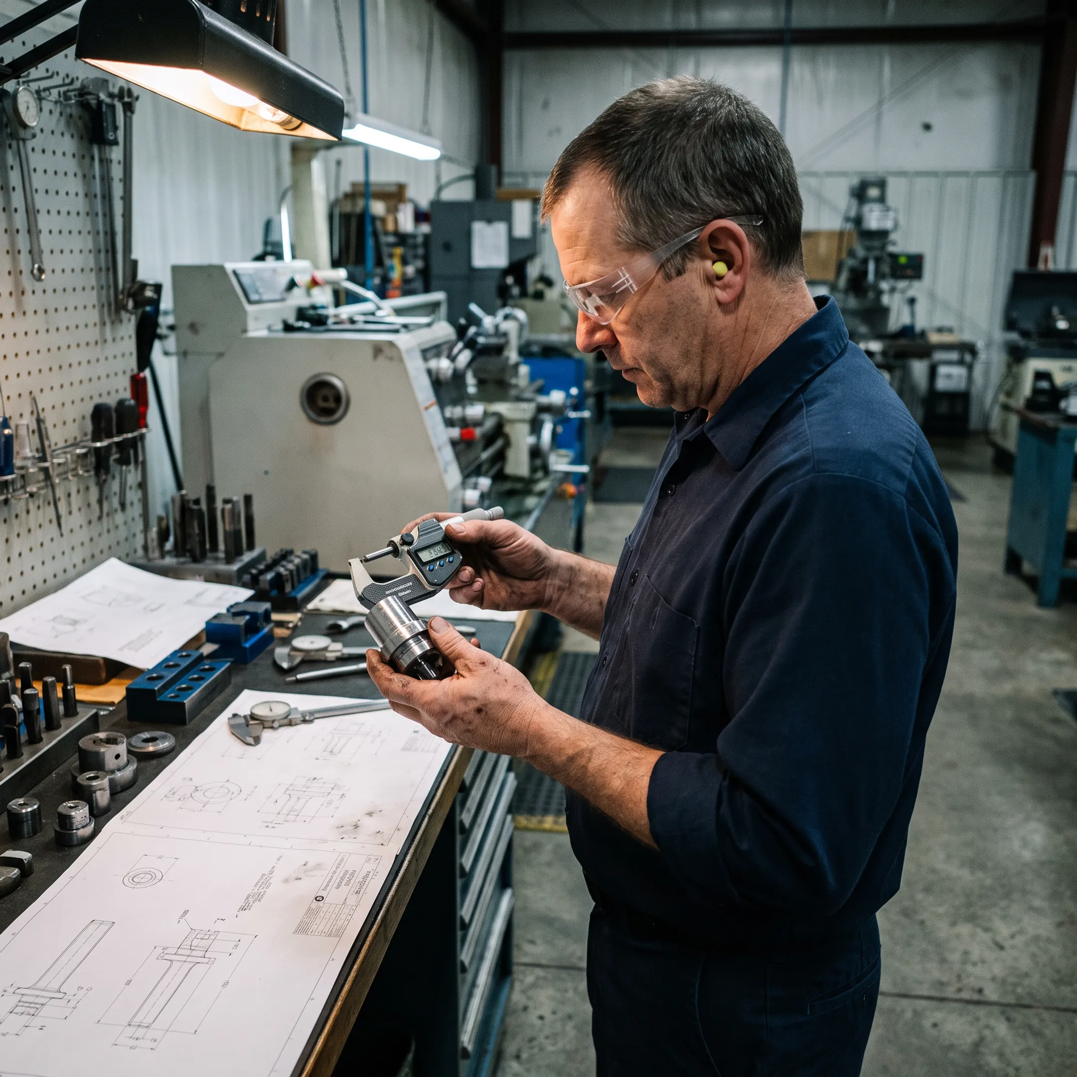 Machinist inspecting a precision turned component