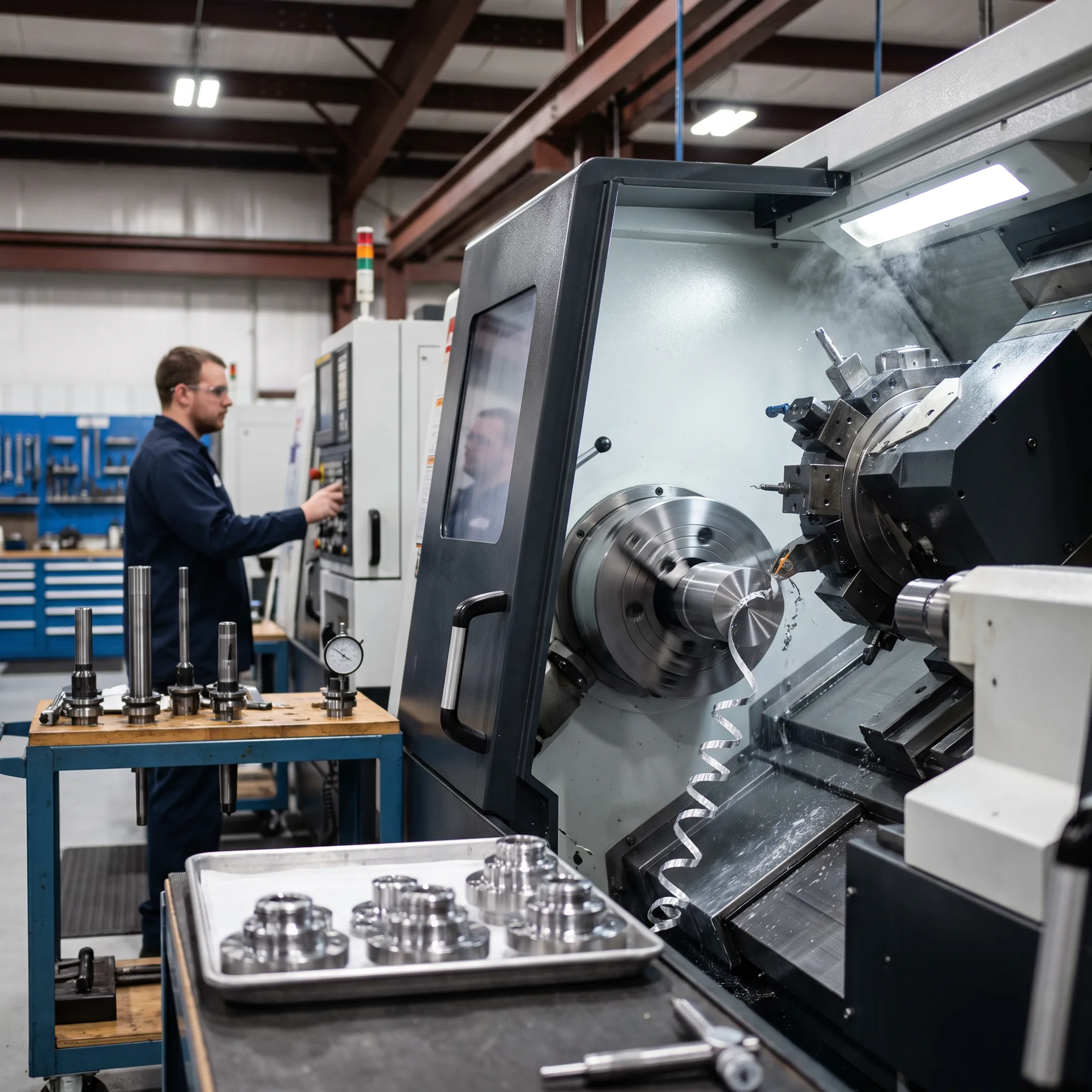 CNC lathe producing a precision turned metal component