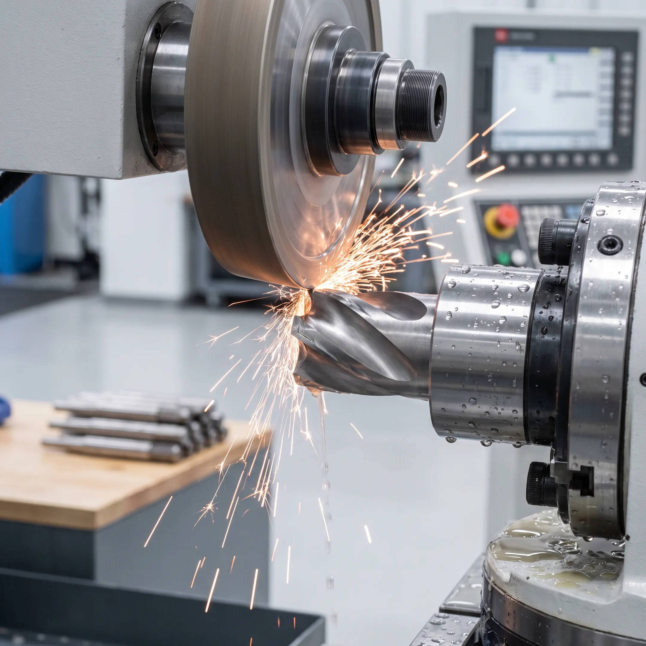 Precision cutting tool being ground by a CNC machine in an industrial workshop