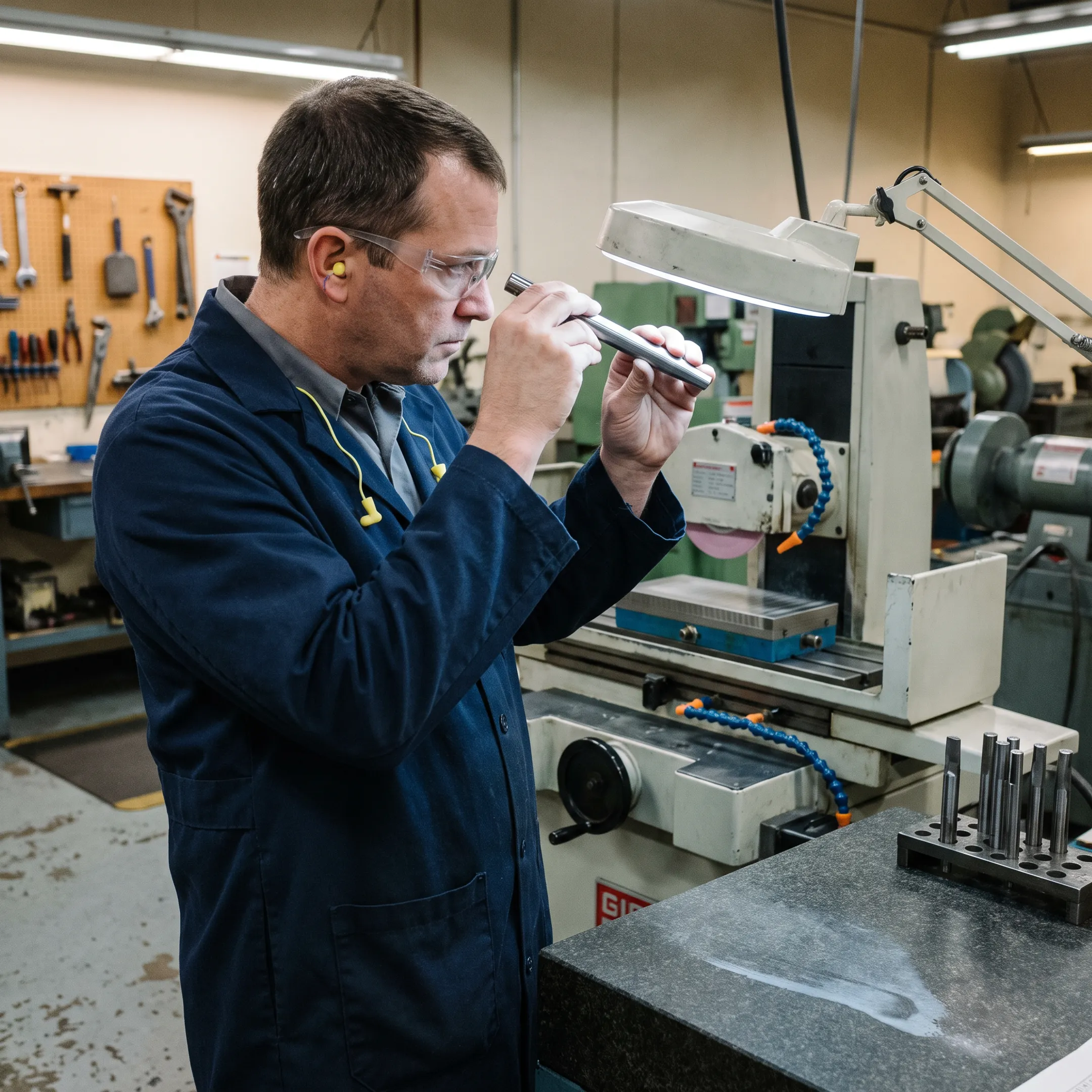 Technician inspecting a custom sharpened production tool
