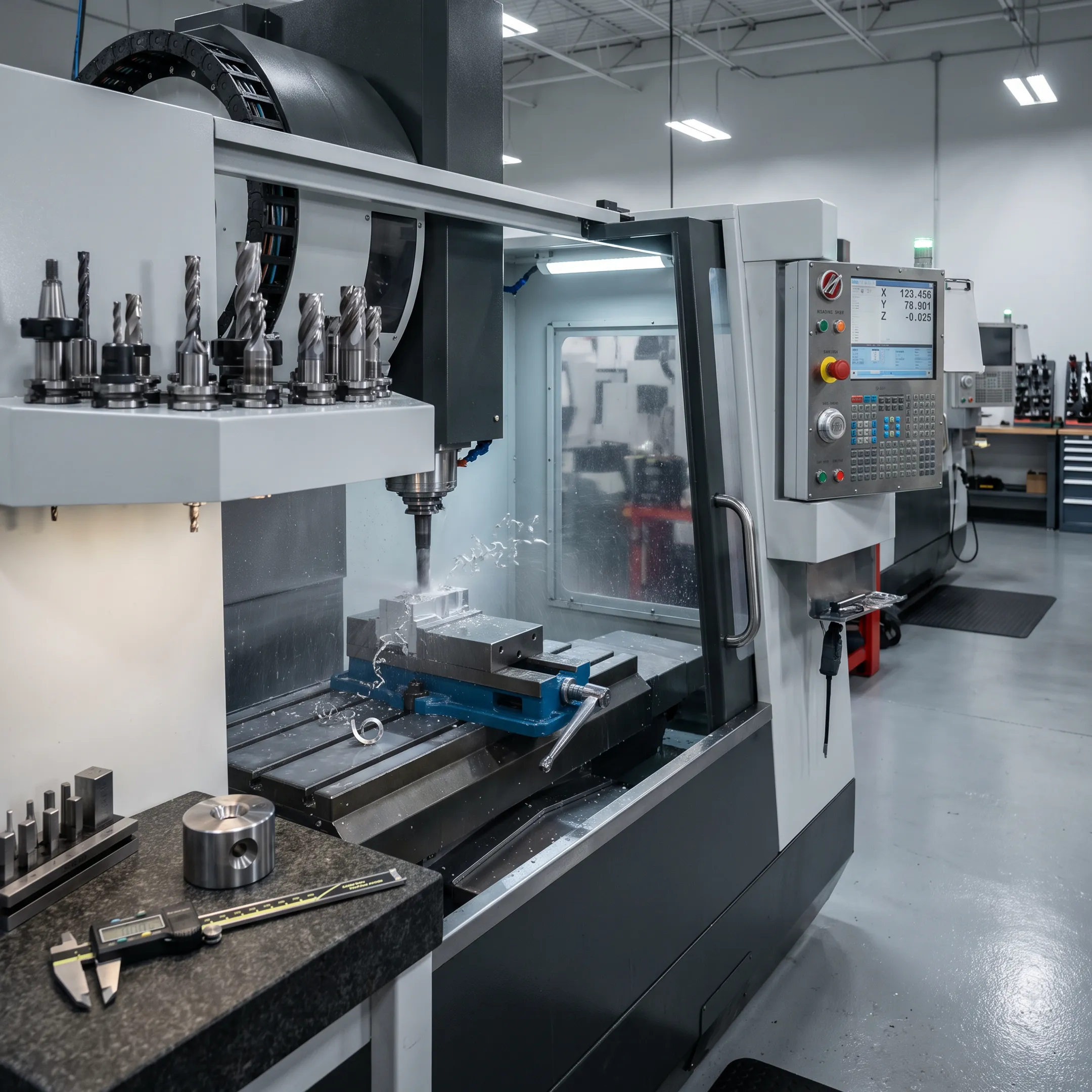 CNC machine cutting a precision metal component in an industrial manufacturing shop