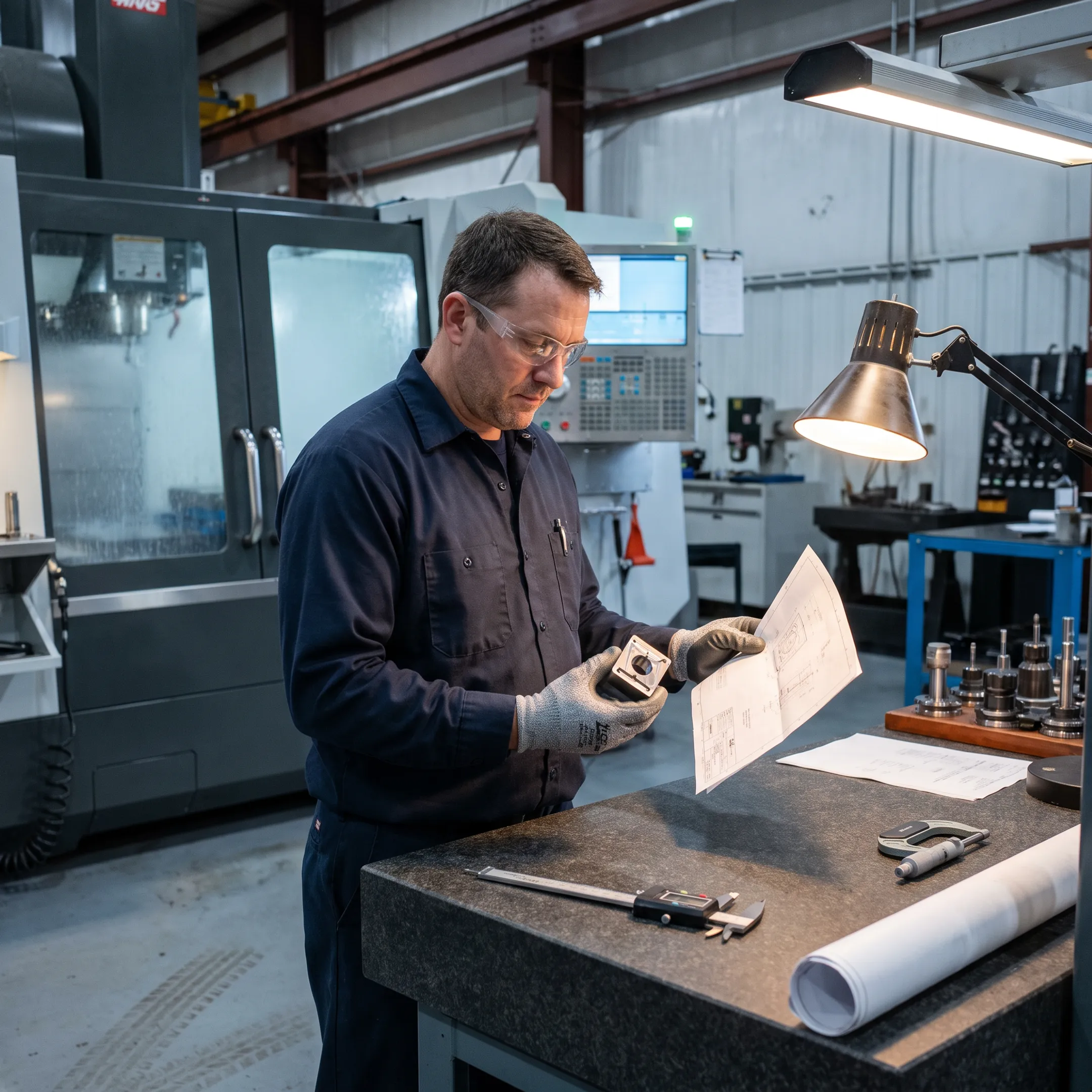 Machinist inspecting a precision CNC machined component beside a production machine