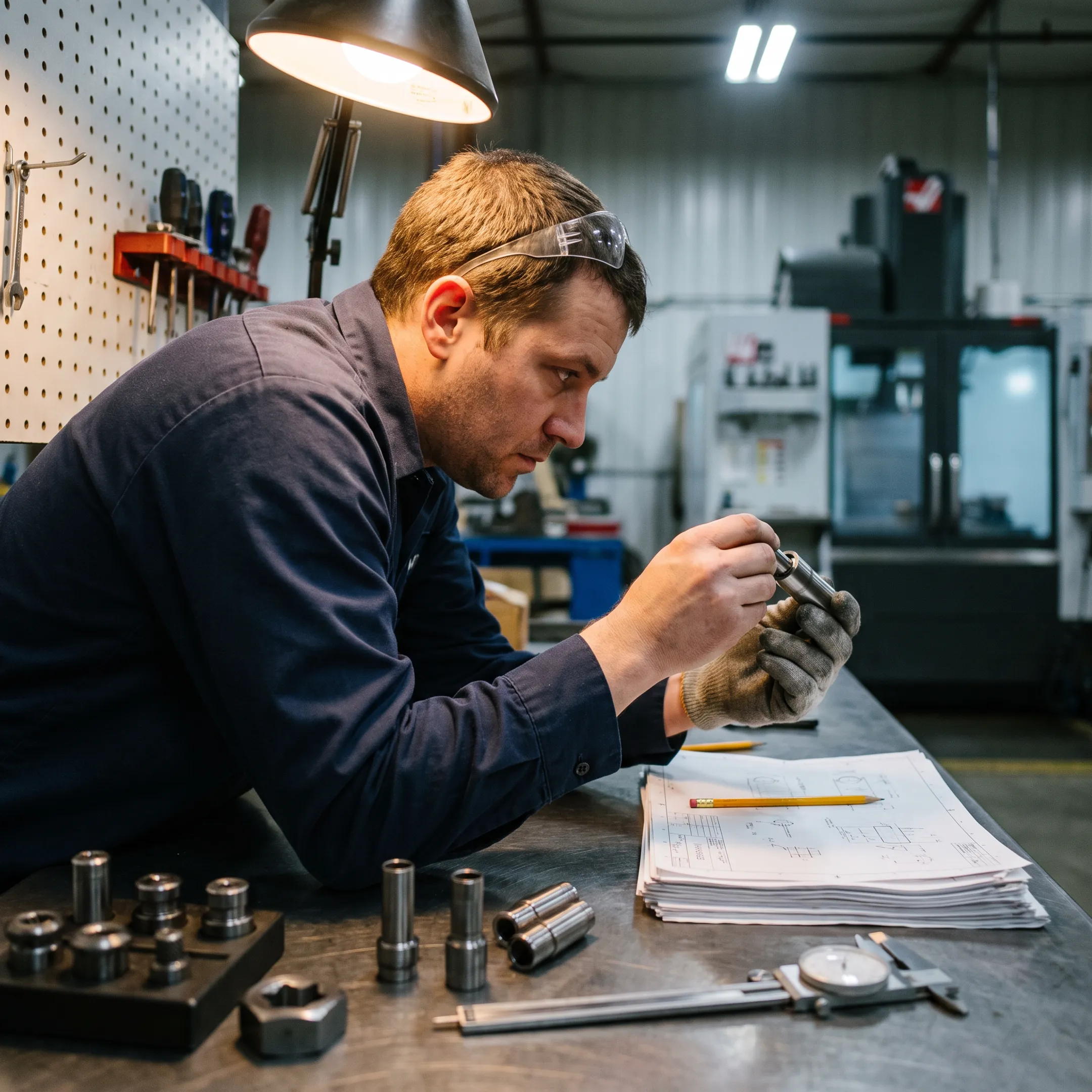 Technician reviewing tube forging parts and technical drawings