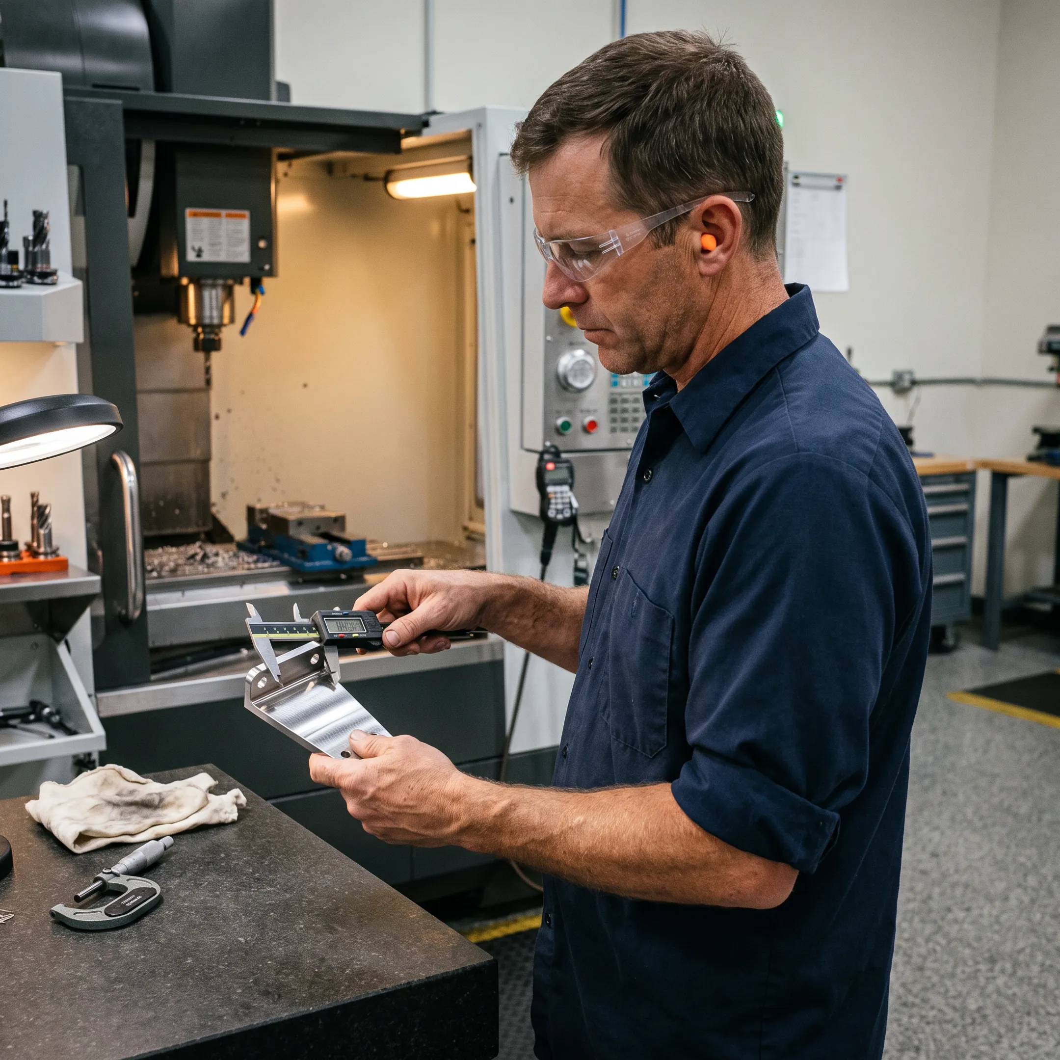 Machinist inspecting a stainless steel CNC part