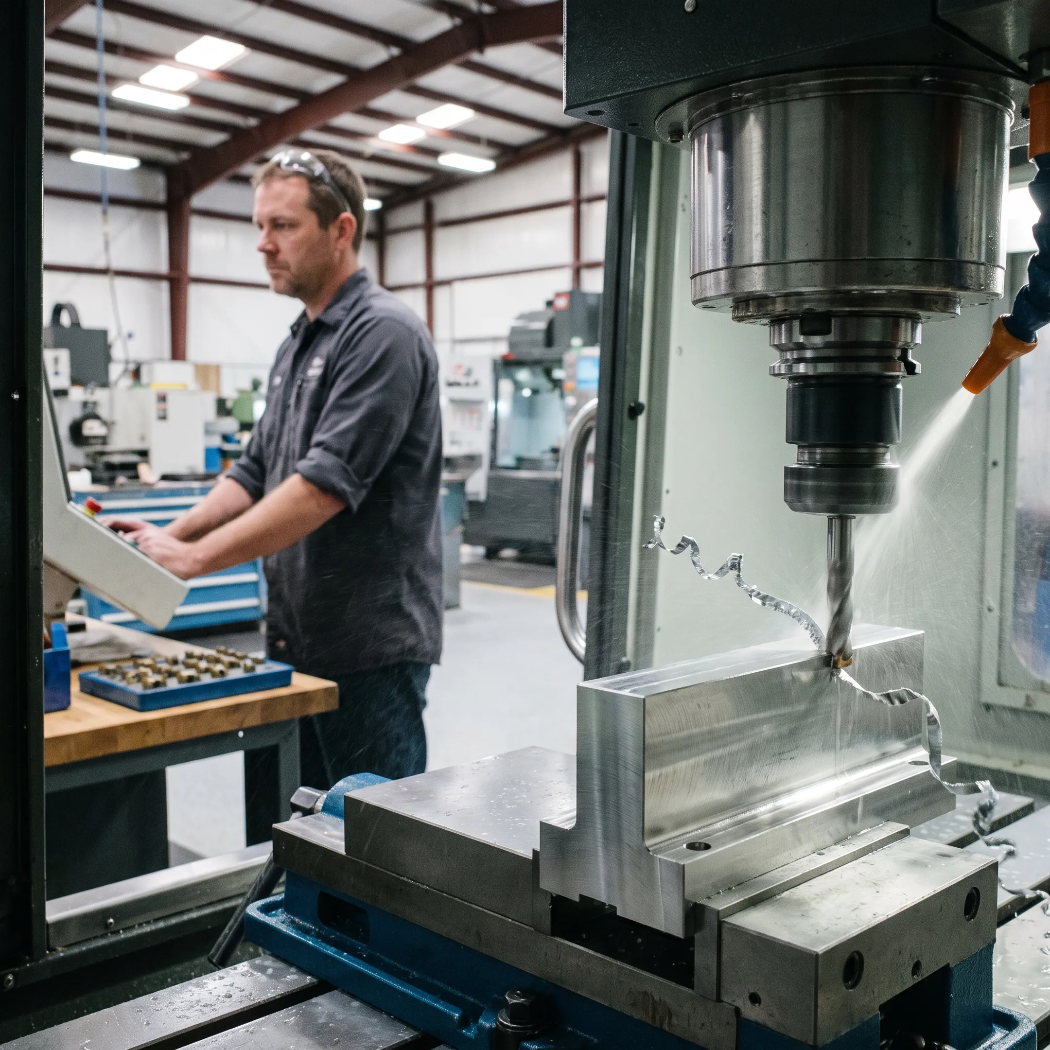 CNC machine cutting a stainless steel precision part