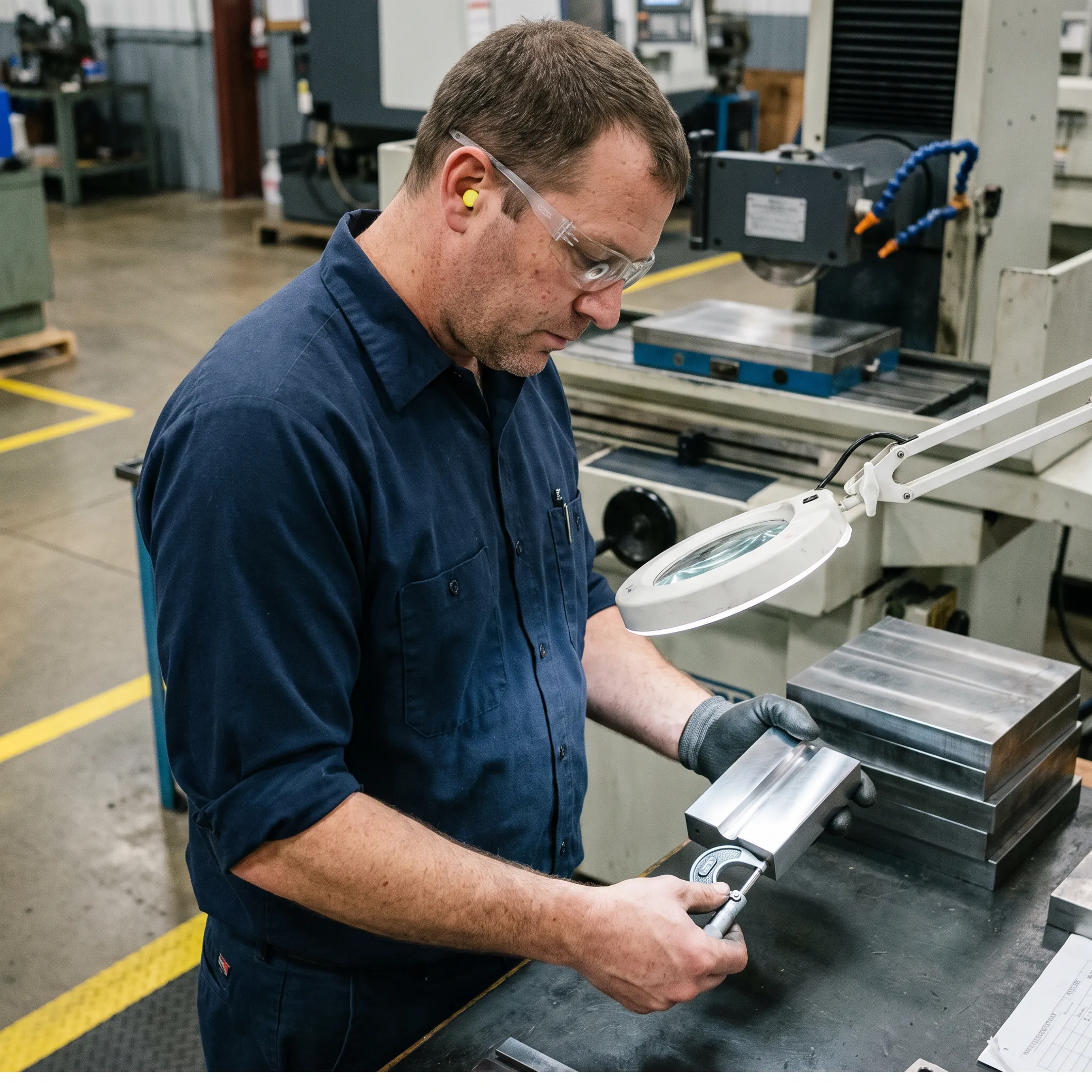 Technician inspecting a sharpened industrial forming tool
