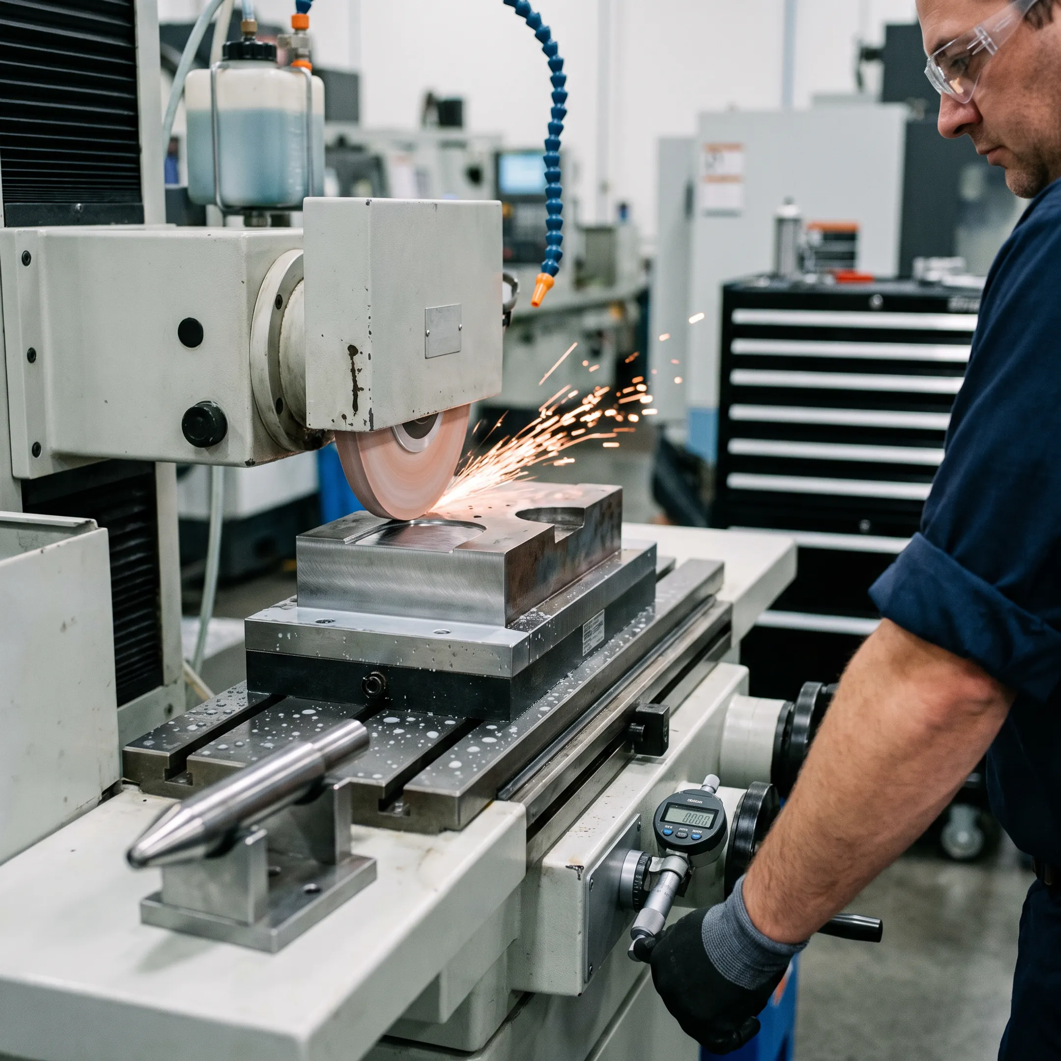 Precision industrial tool grinding and sharpening in a machine shop