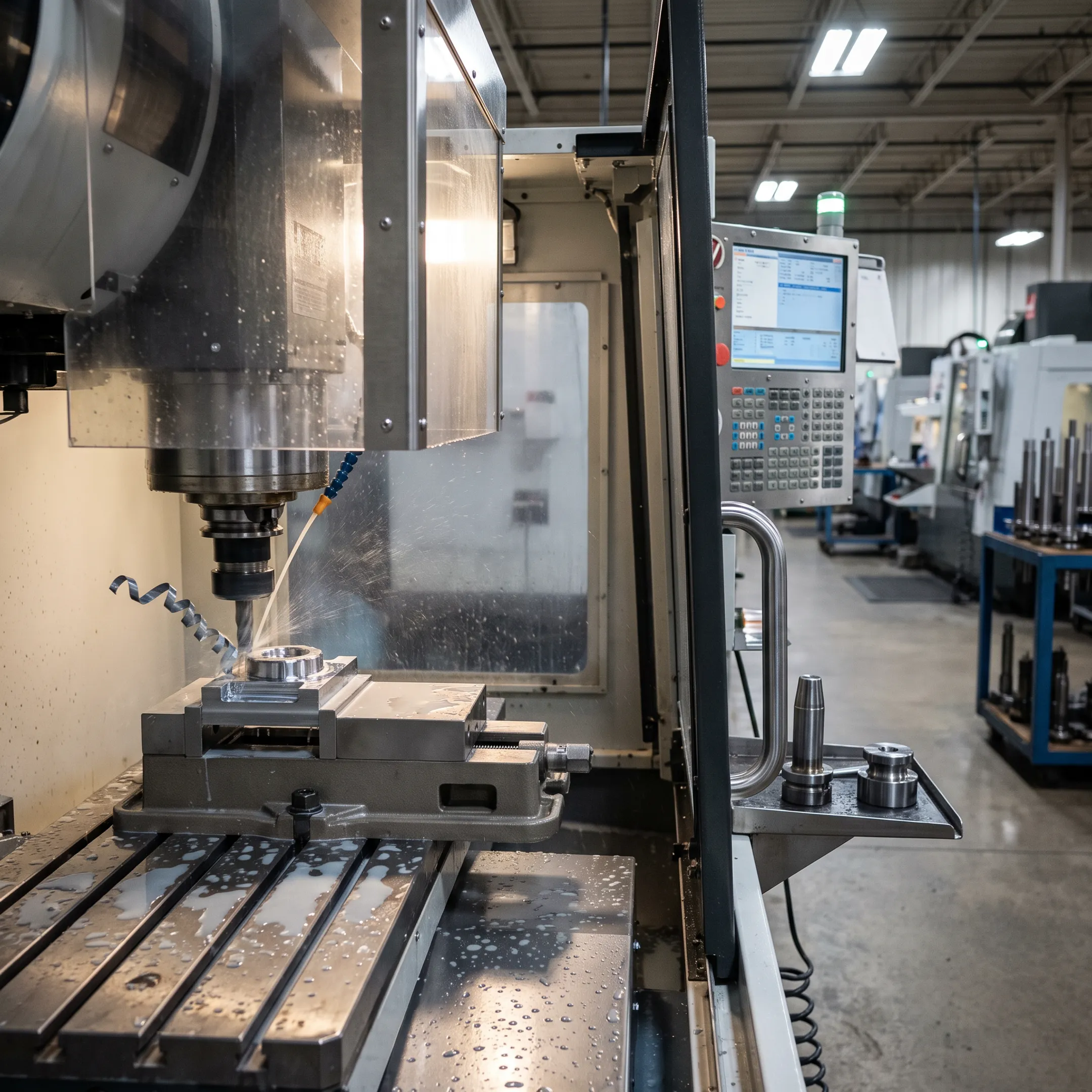 Machinist operating CNC equipment on a precision metal component