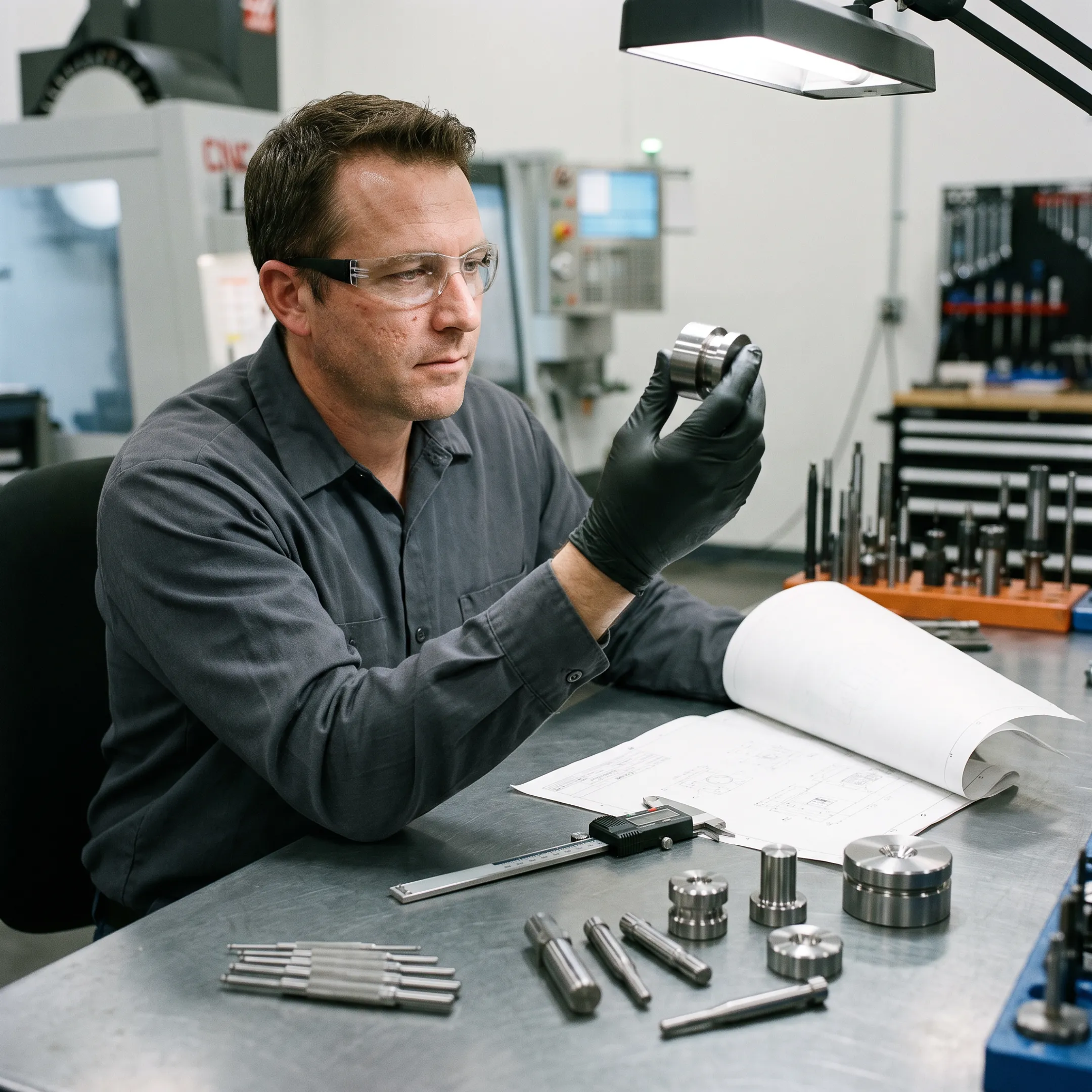 Technician inspecting a polished metal component in an industrial workshop