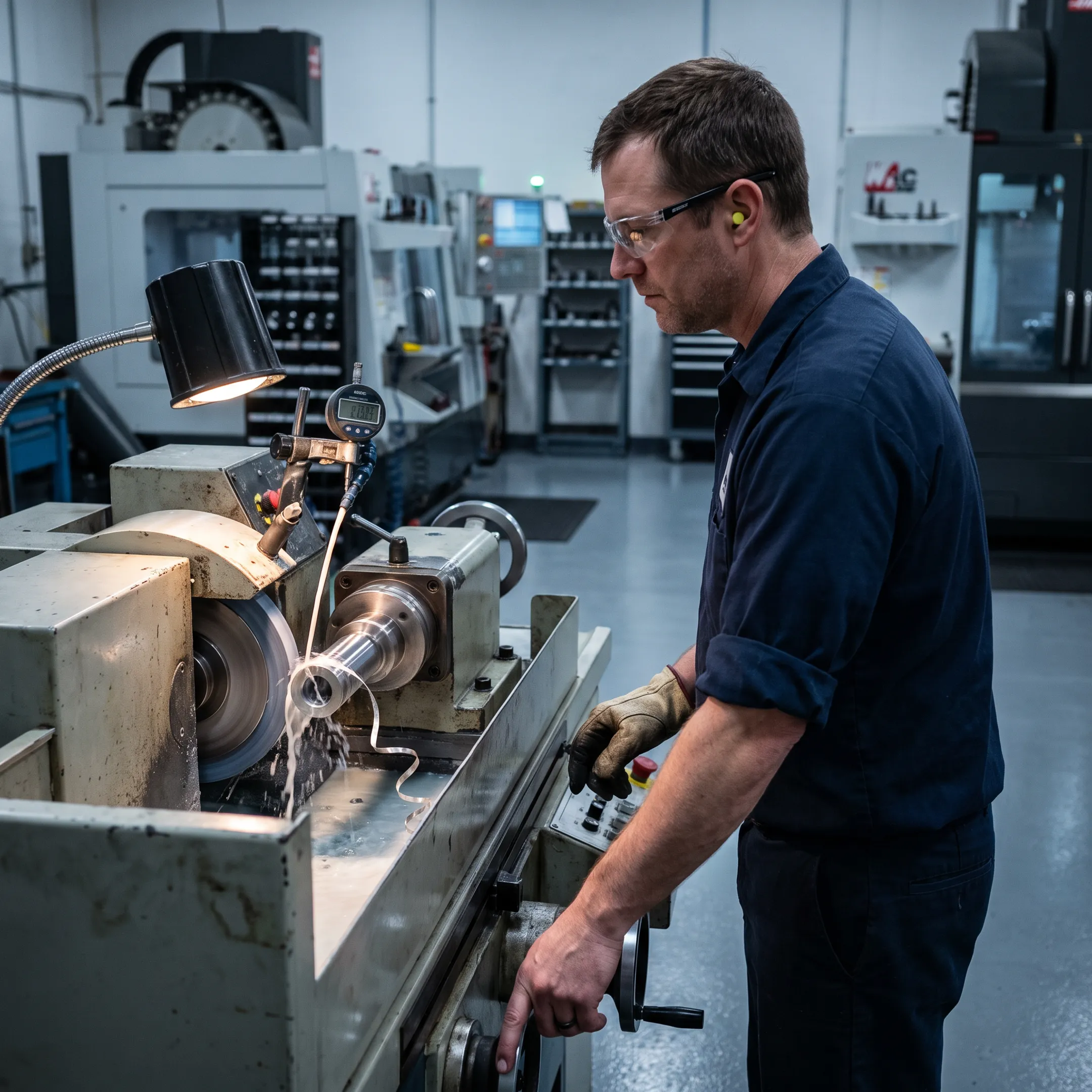 Precision grinding machine processing a cylindrical metal component